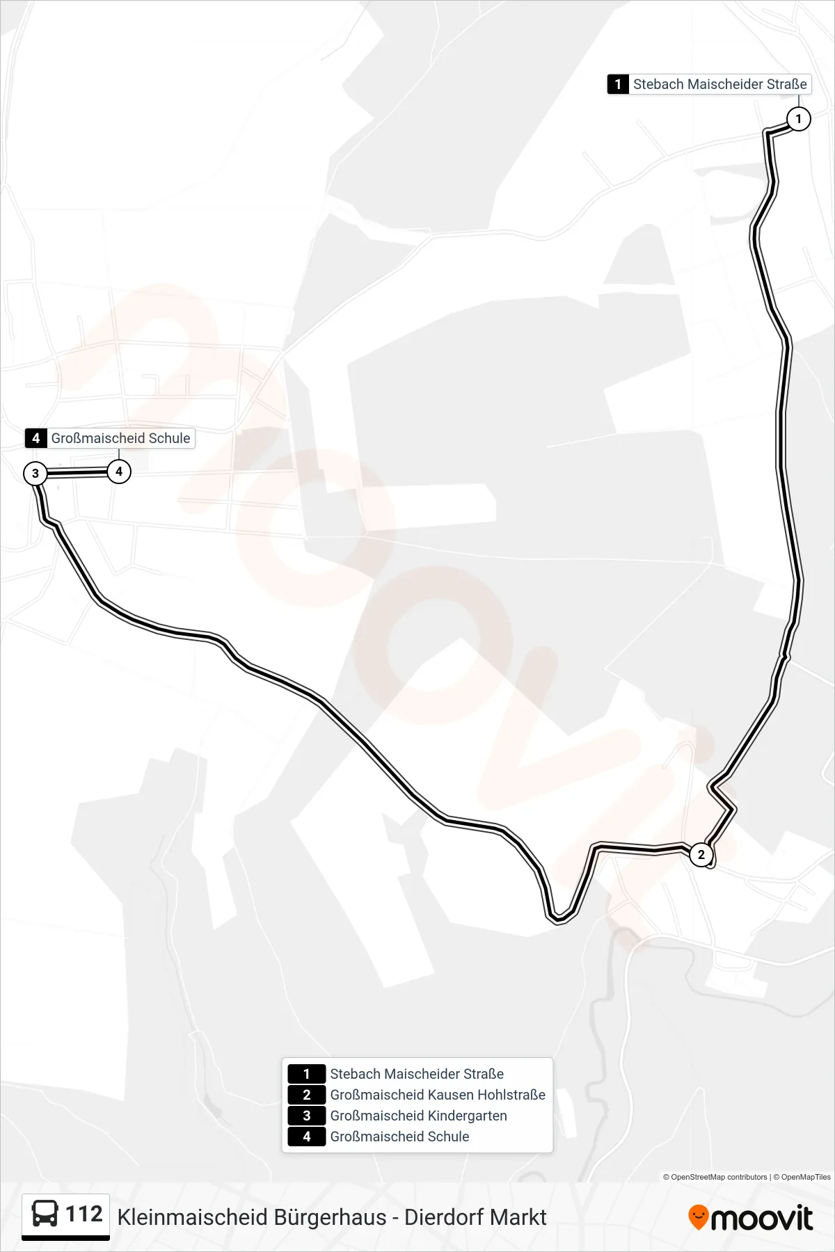 112 bus Line (Großmaischeid Schule) route and stops on a map