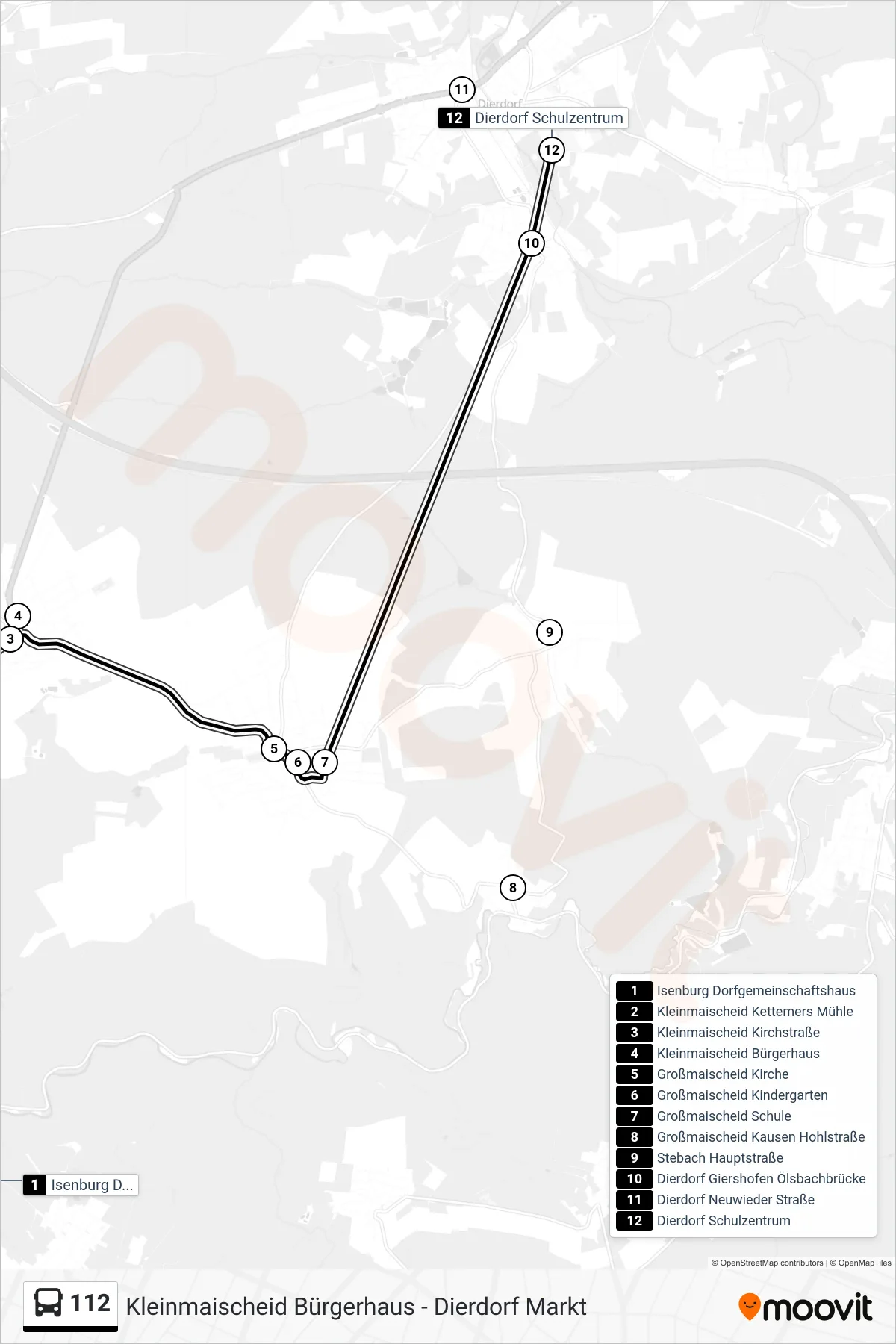 112 bus Line (Dierdorf Schulzentrum) route and stops on a map