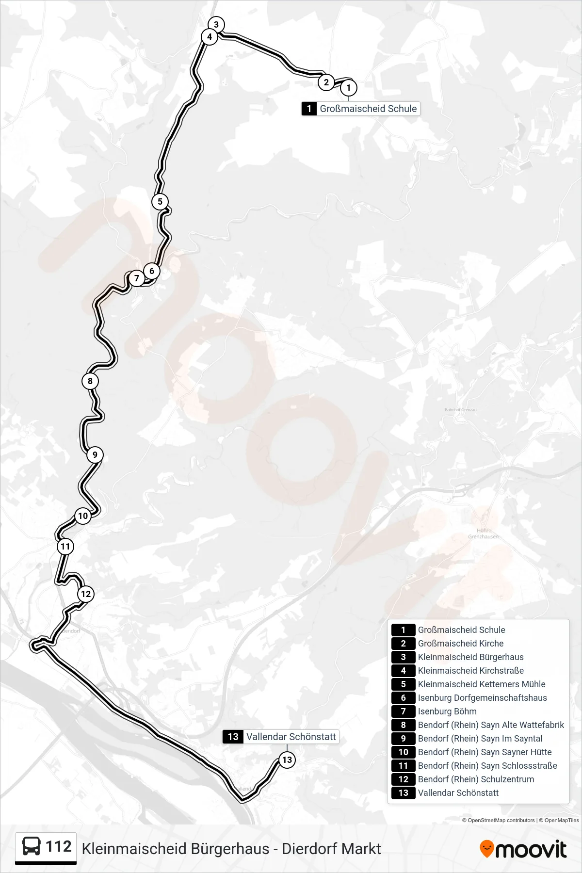 112 bus Line (Vallendar Schönstatt) route and stops on a map