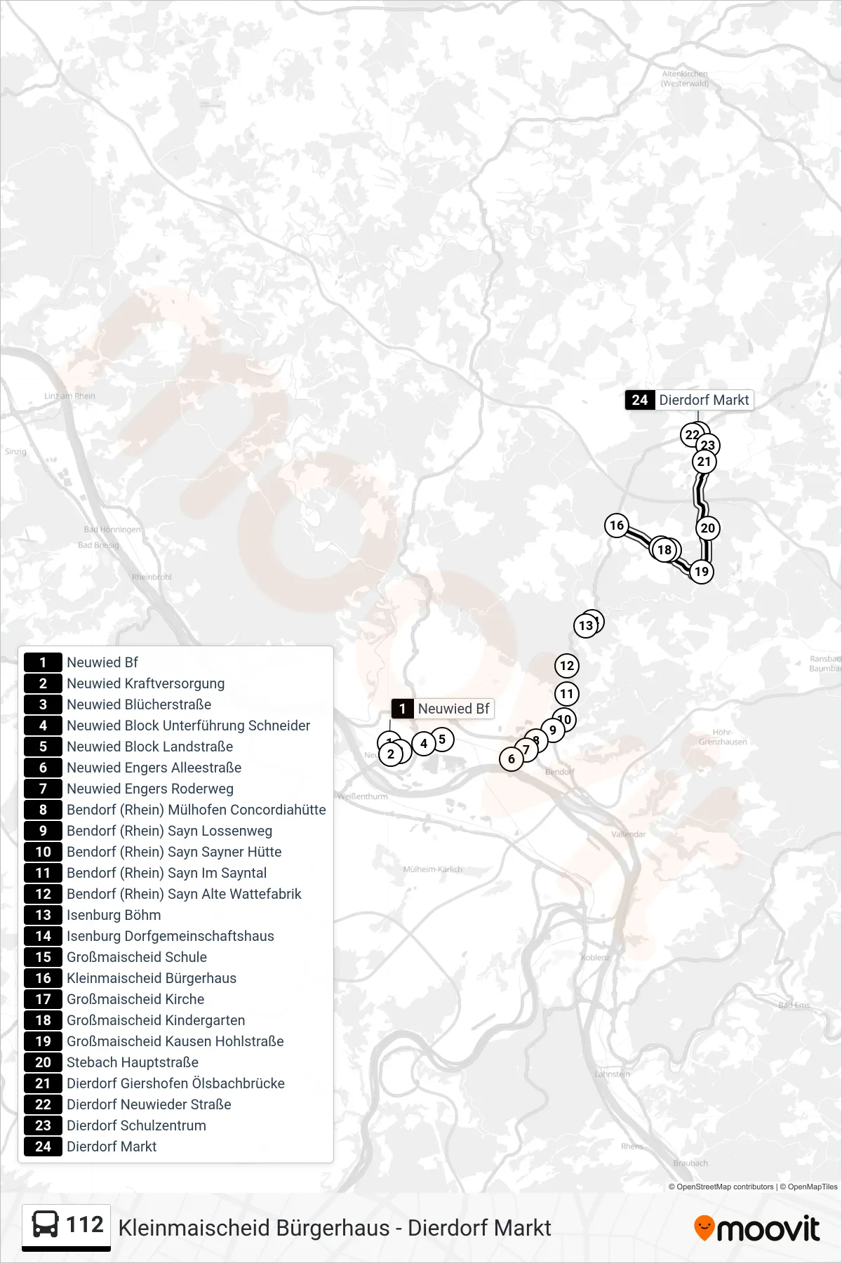 112 bus Line (Dierdorf Markt) route and stops on a map