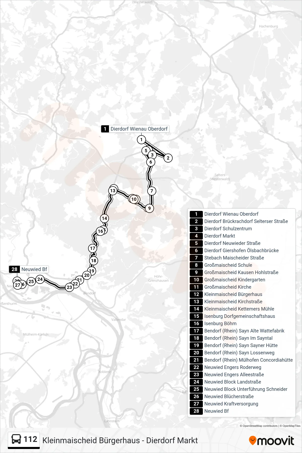 112 bus Line (Neuwied Bf) route and stops on a map