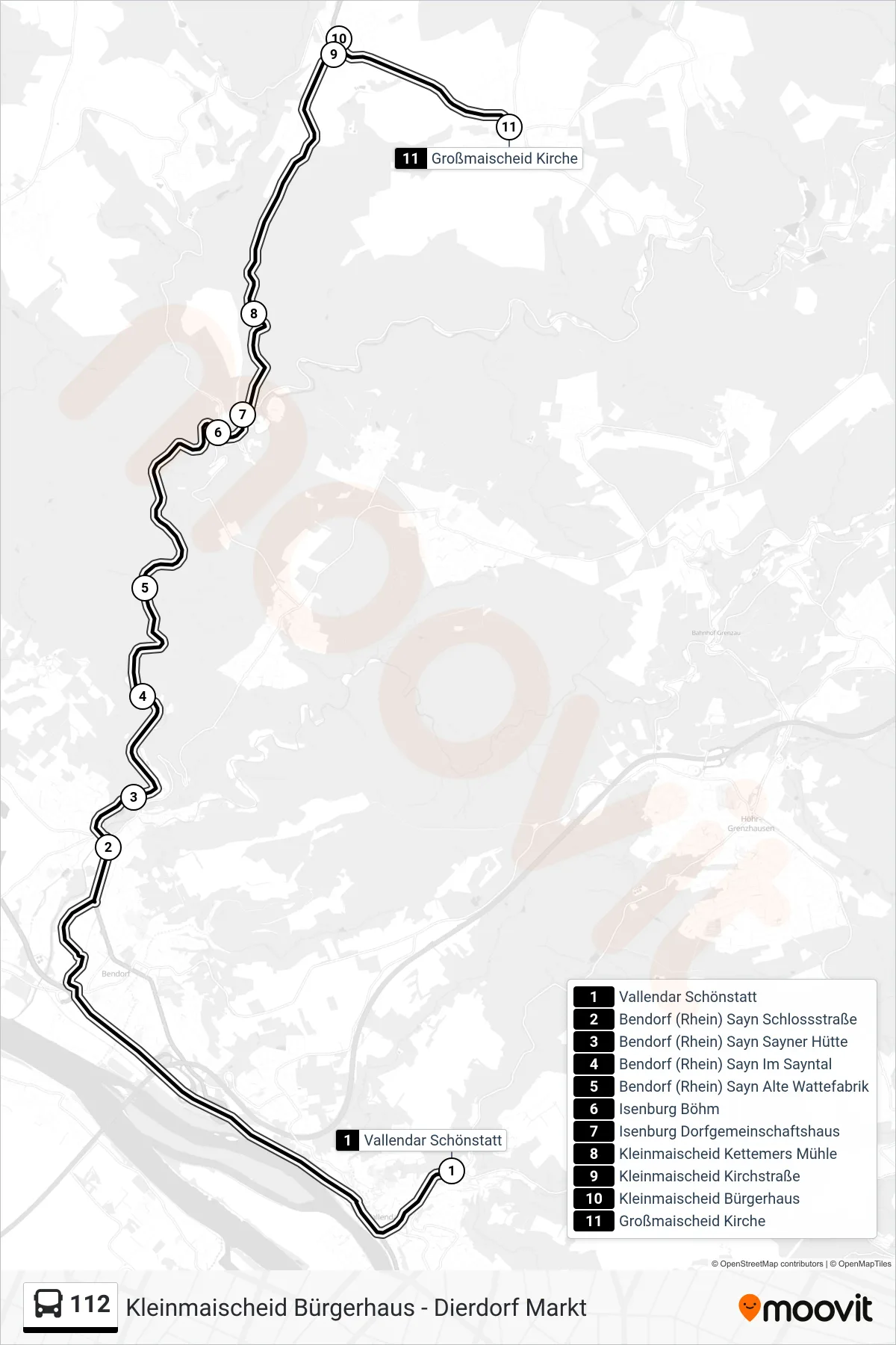 112 bus Line (Großmaischeid Kirche) route and stops on a map