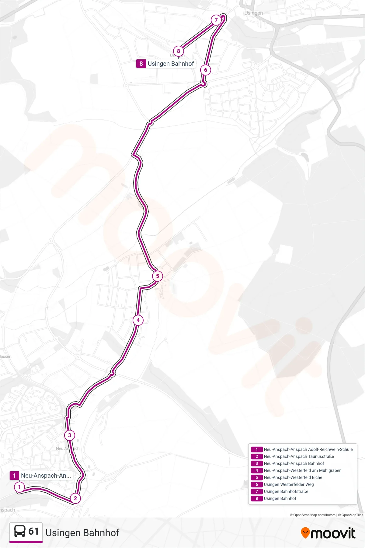 61 bus Line (Usingen Bahnhof) route and stops on a map