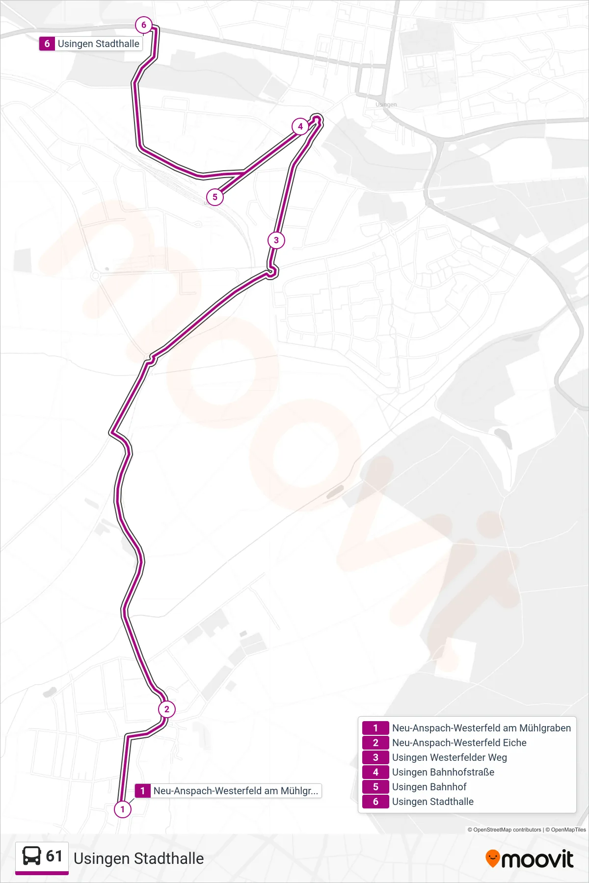 61 bus Line (Usingen Stadthalle) route and stops on a map