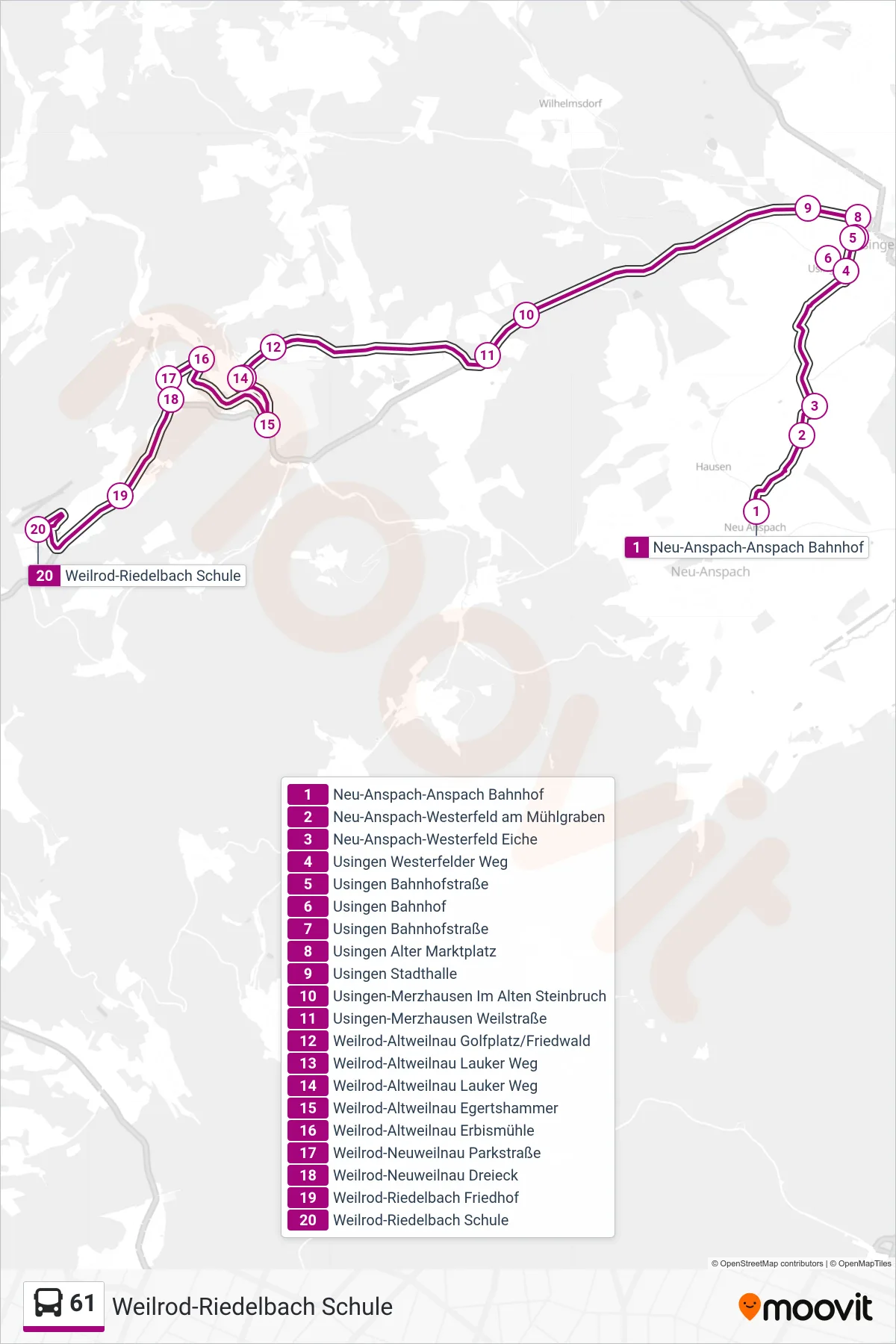 61 bus Line (Weilrod-Riedelbach Schule) route and stops on a map