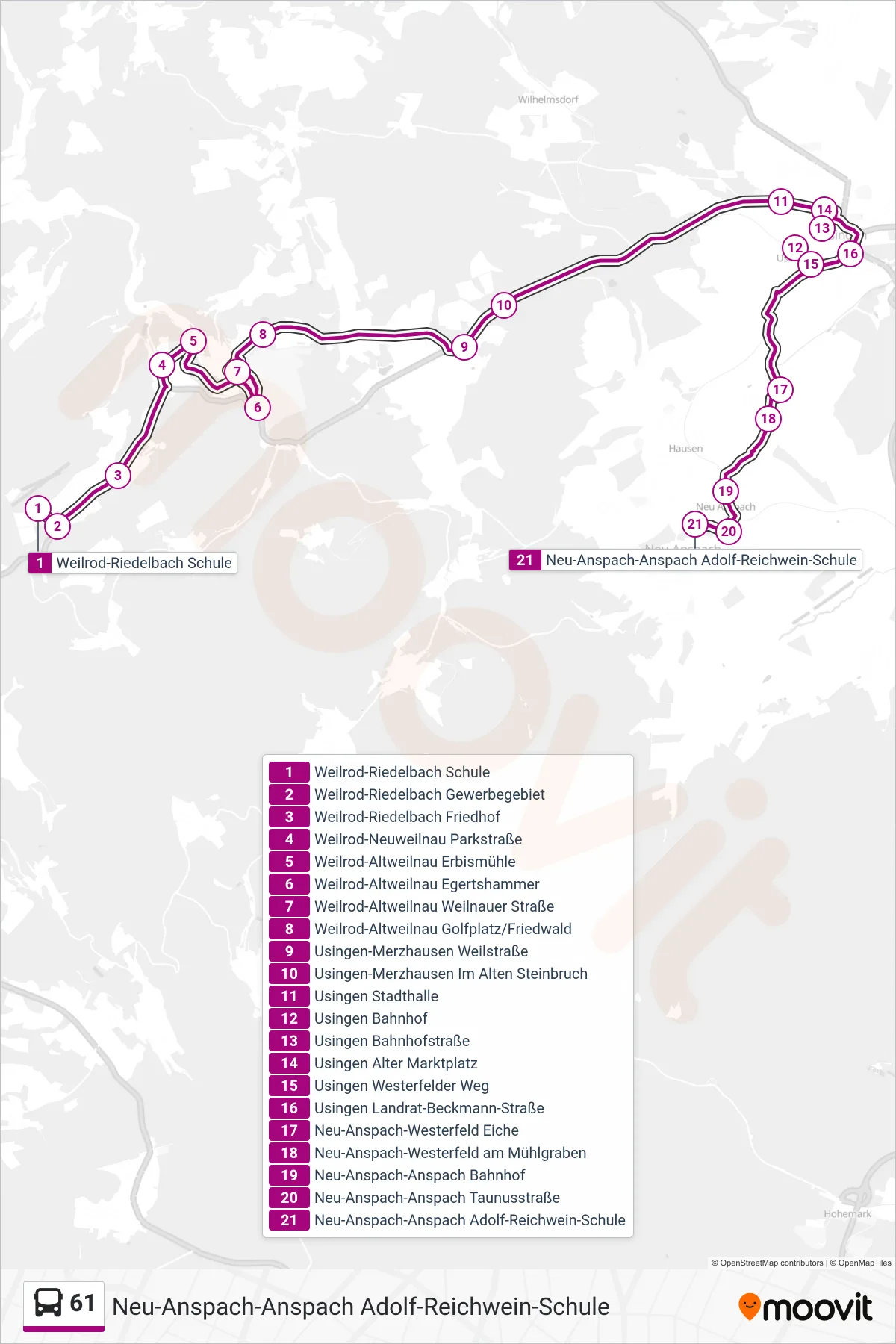 61 bus Line (Neu-Anspach-Anspach Adolf-Reichwein-Schule) route and stops on a map