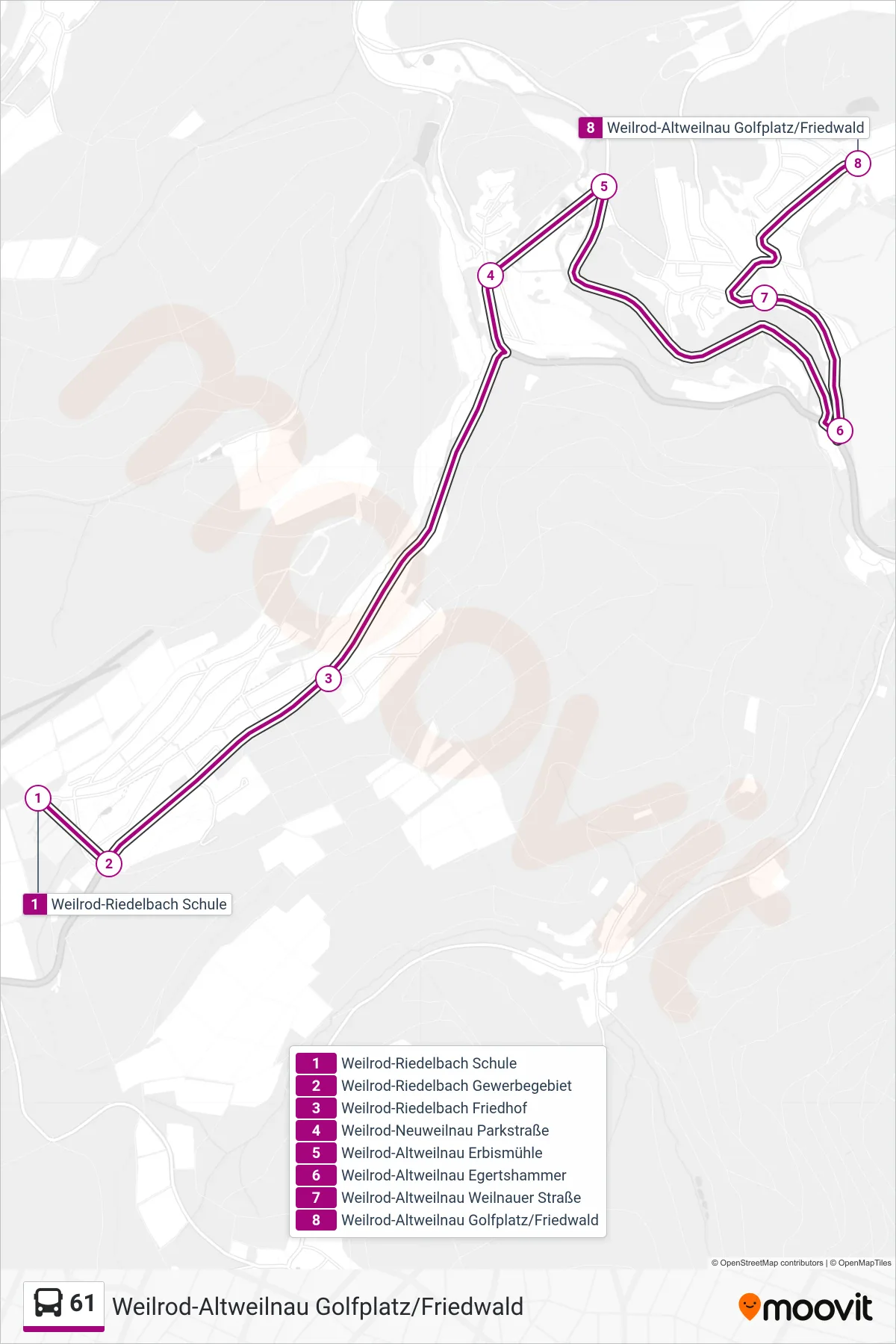 61 bus Line (Weilrod-Altweilnau Golfplatz/Friedwald) route and stops on a map