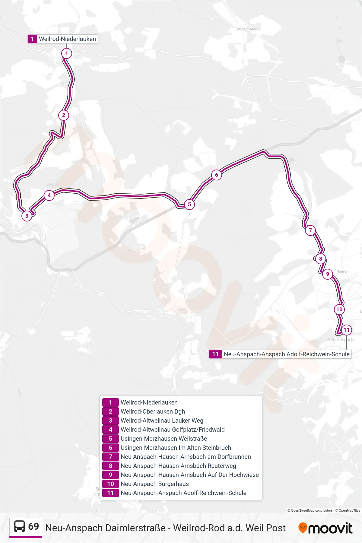 69 bus Line (Neu-Anspach-Anspach Adolf-Reichwein-Schule) route and stops on a map