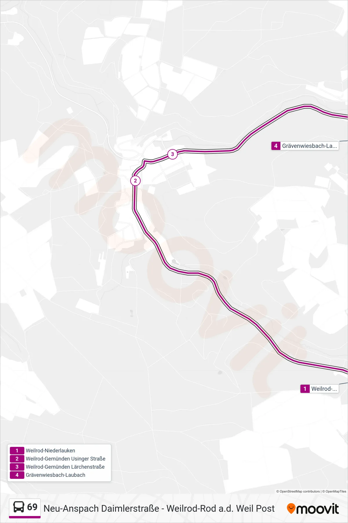 Linie 69 (Bus) Richtung Grävenwiesbach-Laubach: Route und Haltestellen auf der Karte