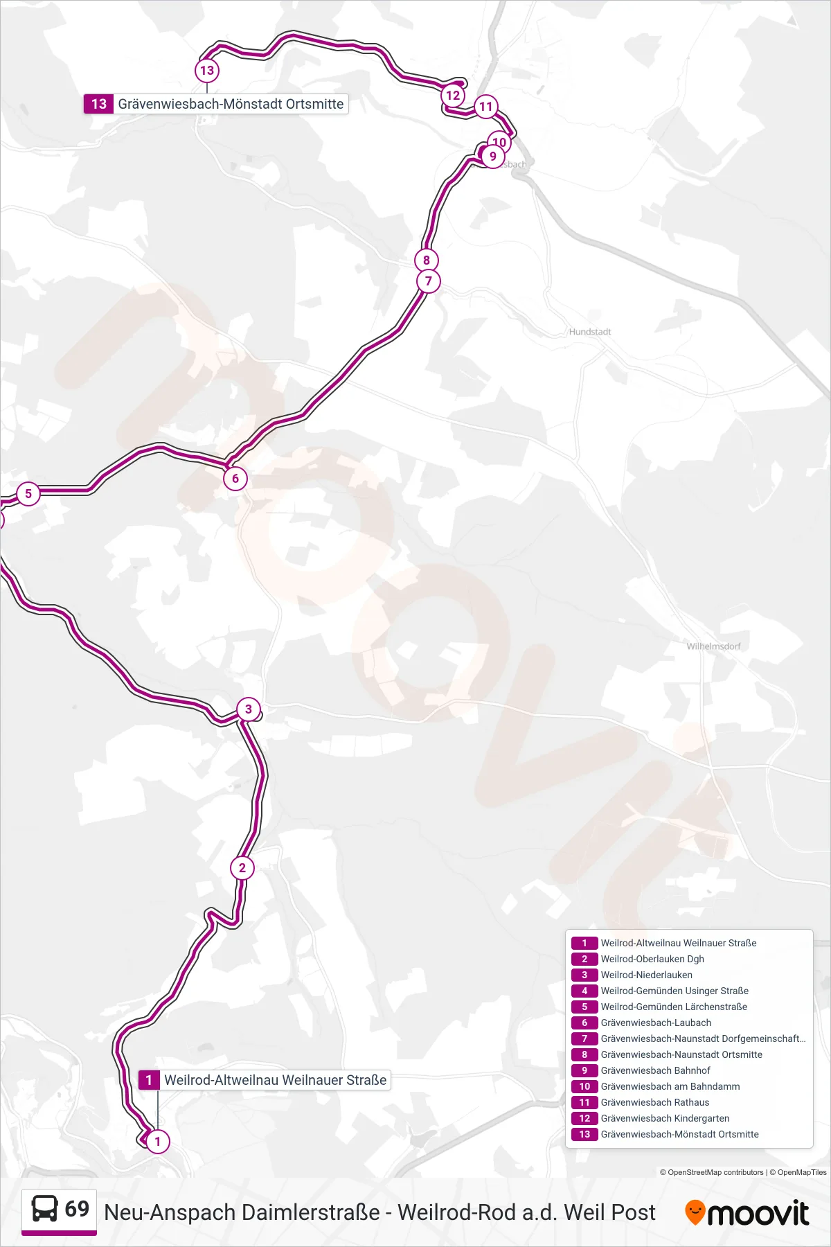 69 bus Line (Grävenwiesbach-Mönstadt Ortsmitte) route and stops on a map