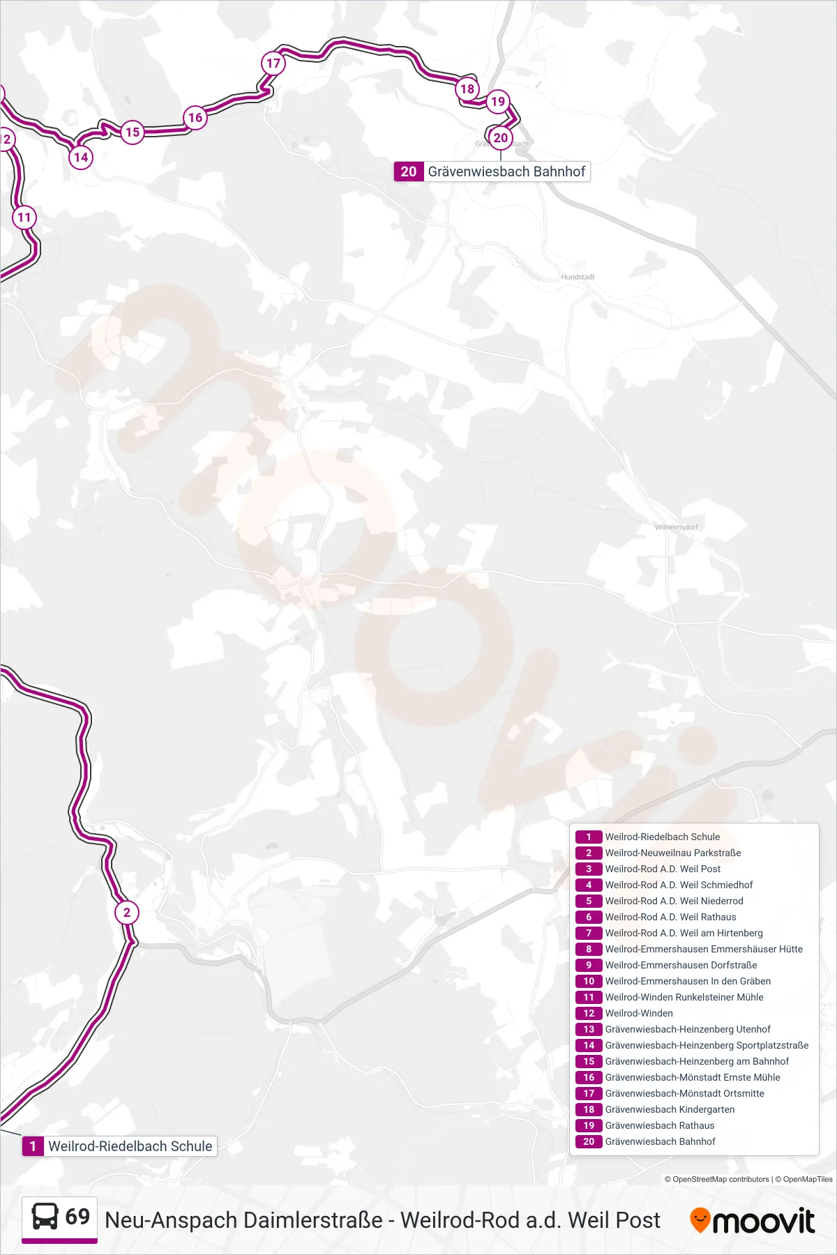 69 bus Line (Grävenwiesbach Bahnhof) route and stops on a map