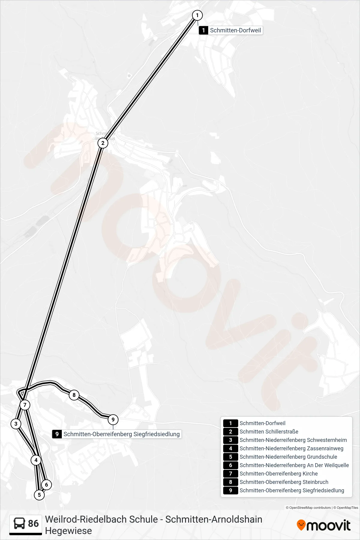 86 bus Line (Schmitten-Oberreifenberg Siegfriedsiedlung) route and stops on a map