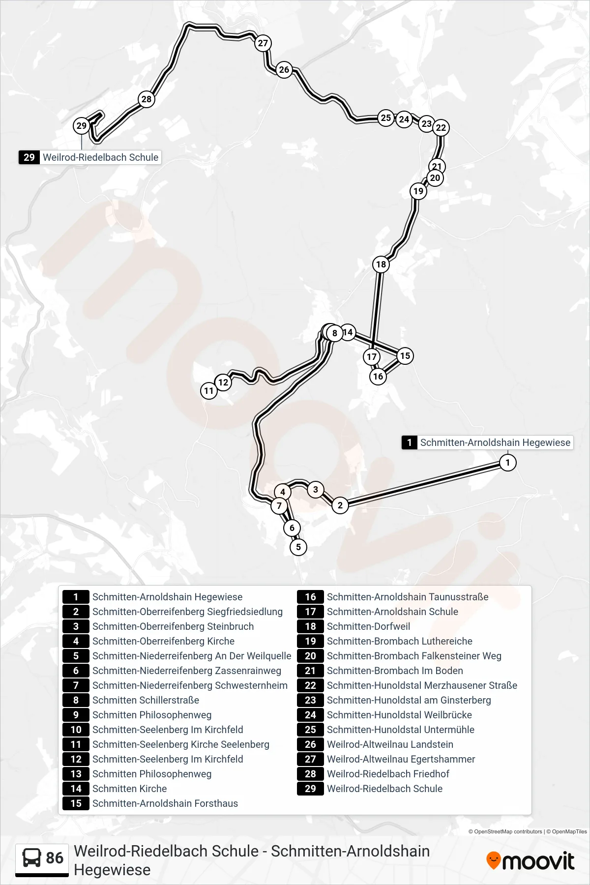 86 bus Line (Weilrod-Riedelbach Schule) route and stops on a map