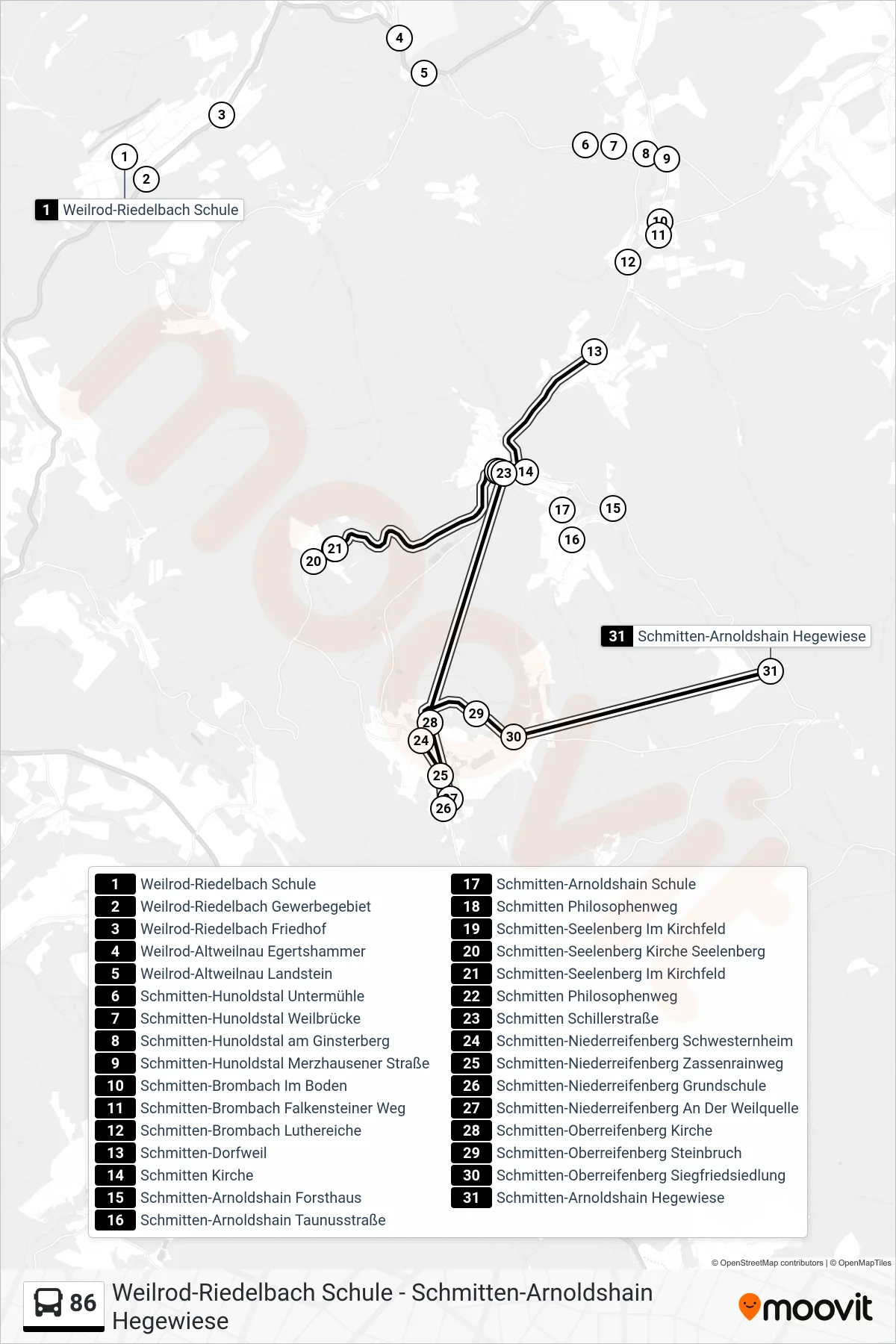 86 bus Line (Schmitten-Arnoldshain Hegewiese) route and stops on a map