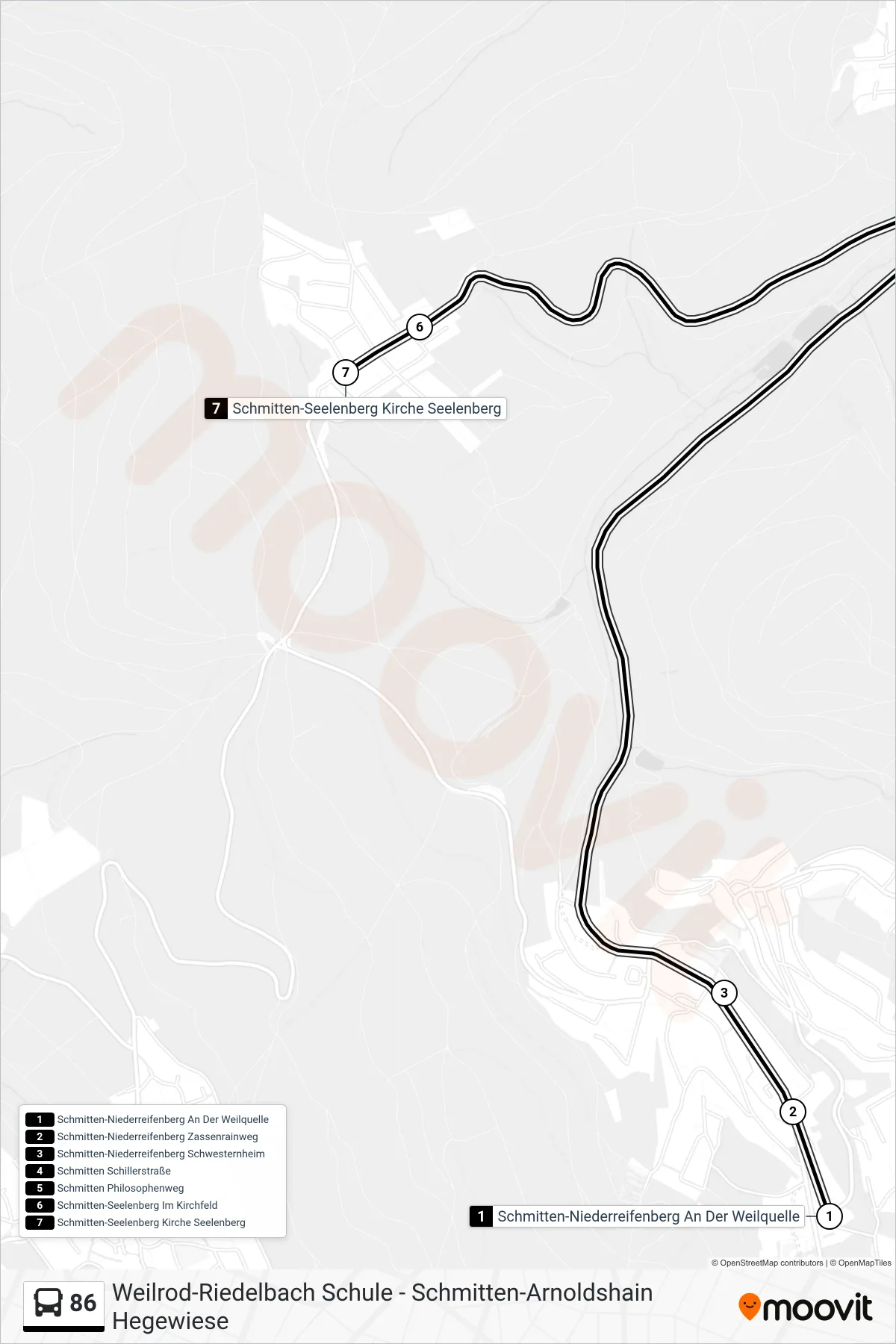 86 bus Line (Schmitten-Seelenberg Kirche Seelenberg) route and stops on a map