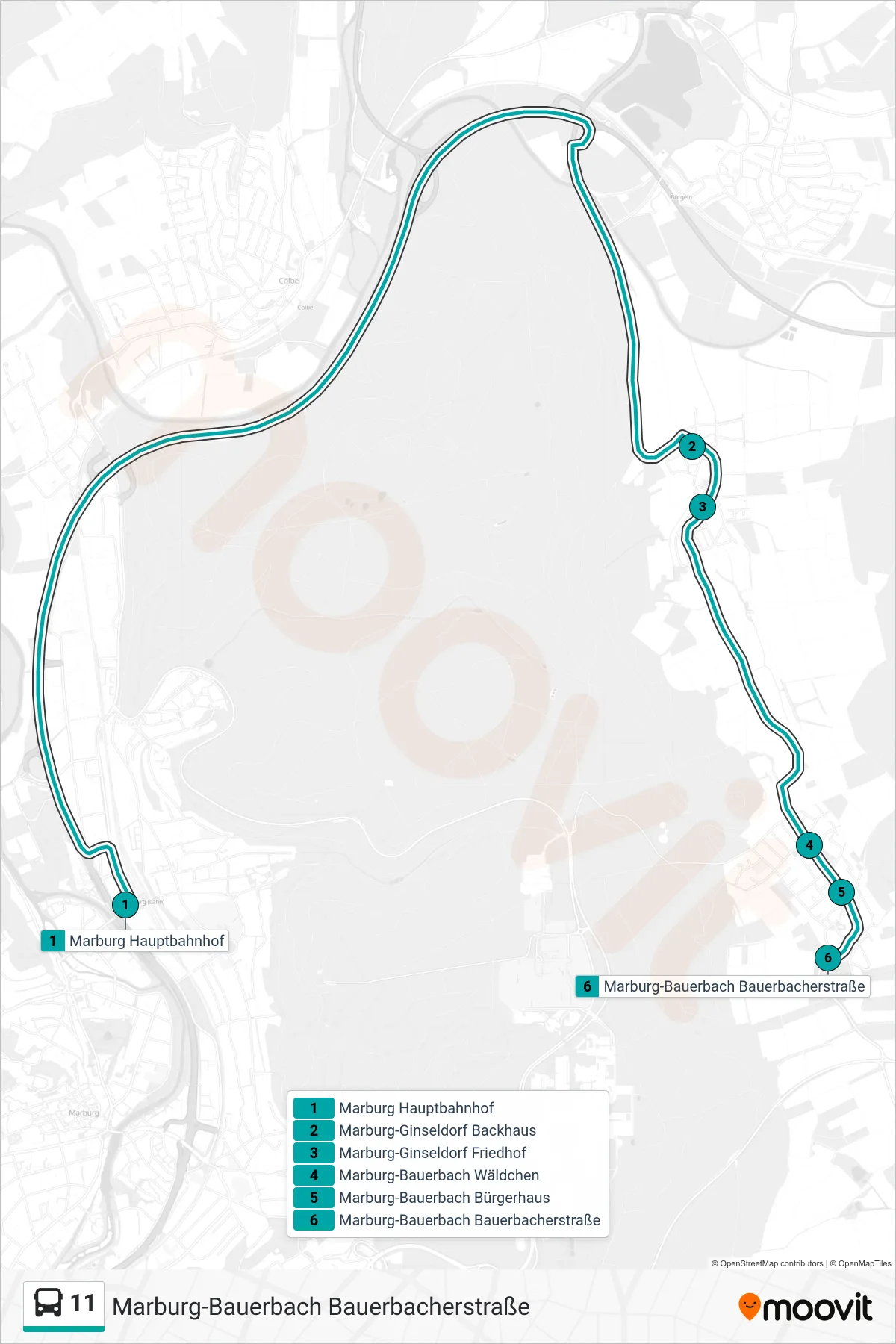 11 bus Line (Marburg-Bauerbach Bauerbacherstraße) route and stops on a map