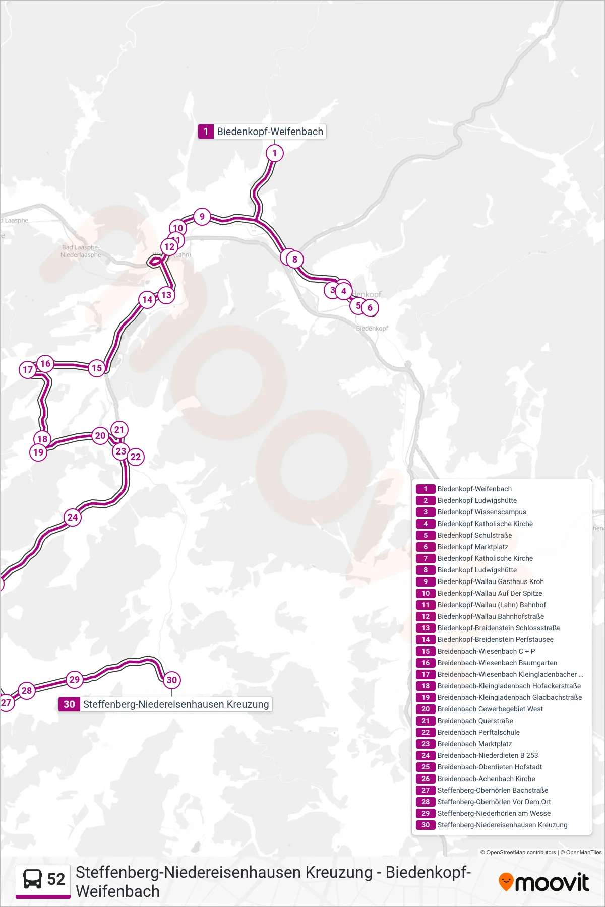 Linie 52 (Bus) Richtung Steffenberg-Niedereisenhausen Kreuzung: Route und Haltestellen auf der Karte