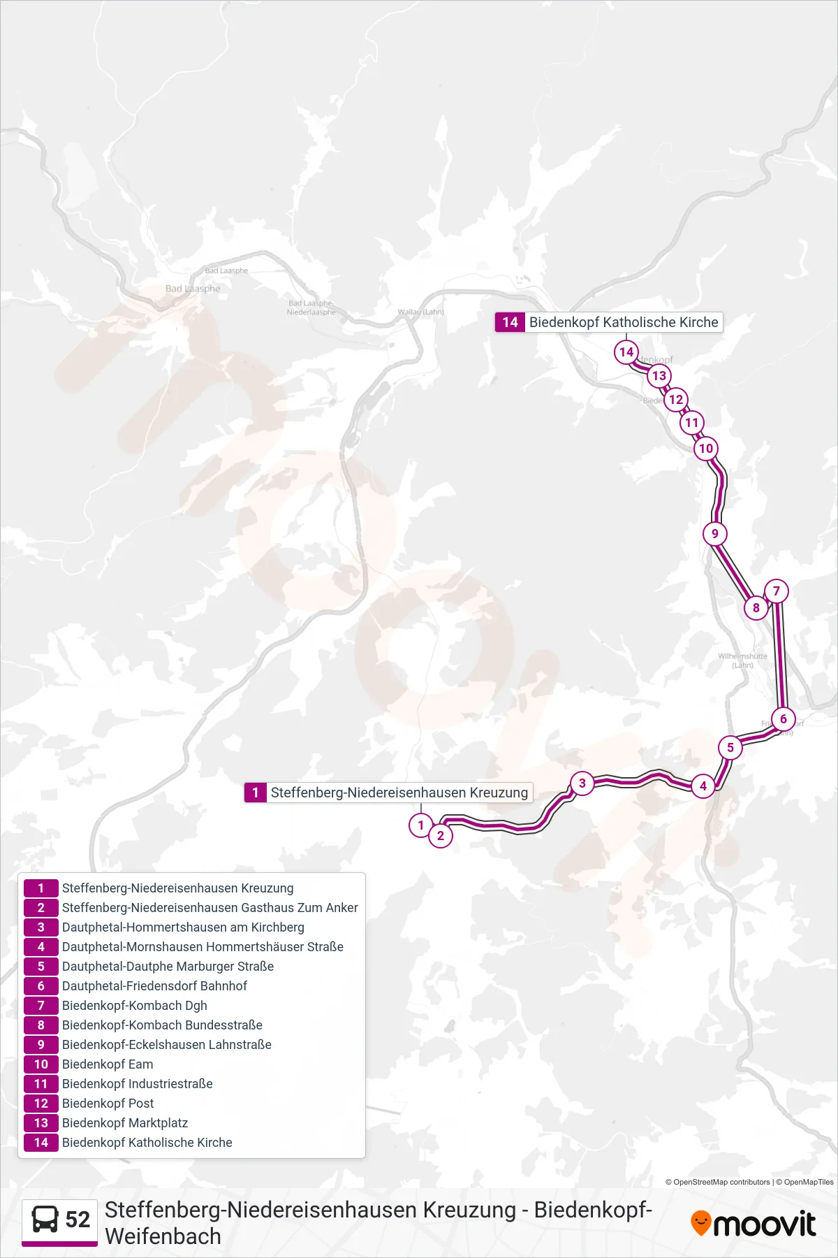 52 bus Line (Biedenkopf Katholische Kirche) route and stops on a map