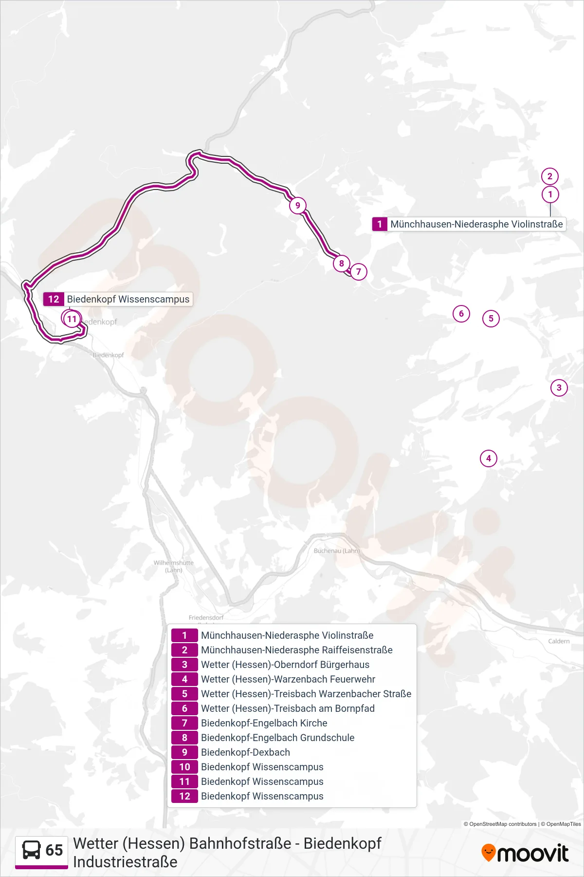 65 bus Line (Biedenkopf Wissenscampus) route and stops on a map