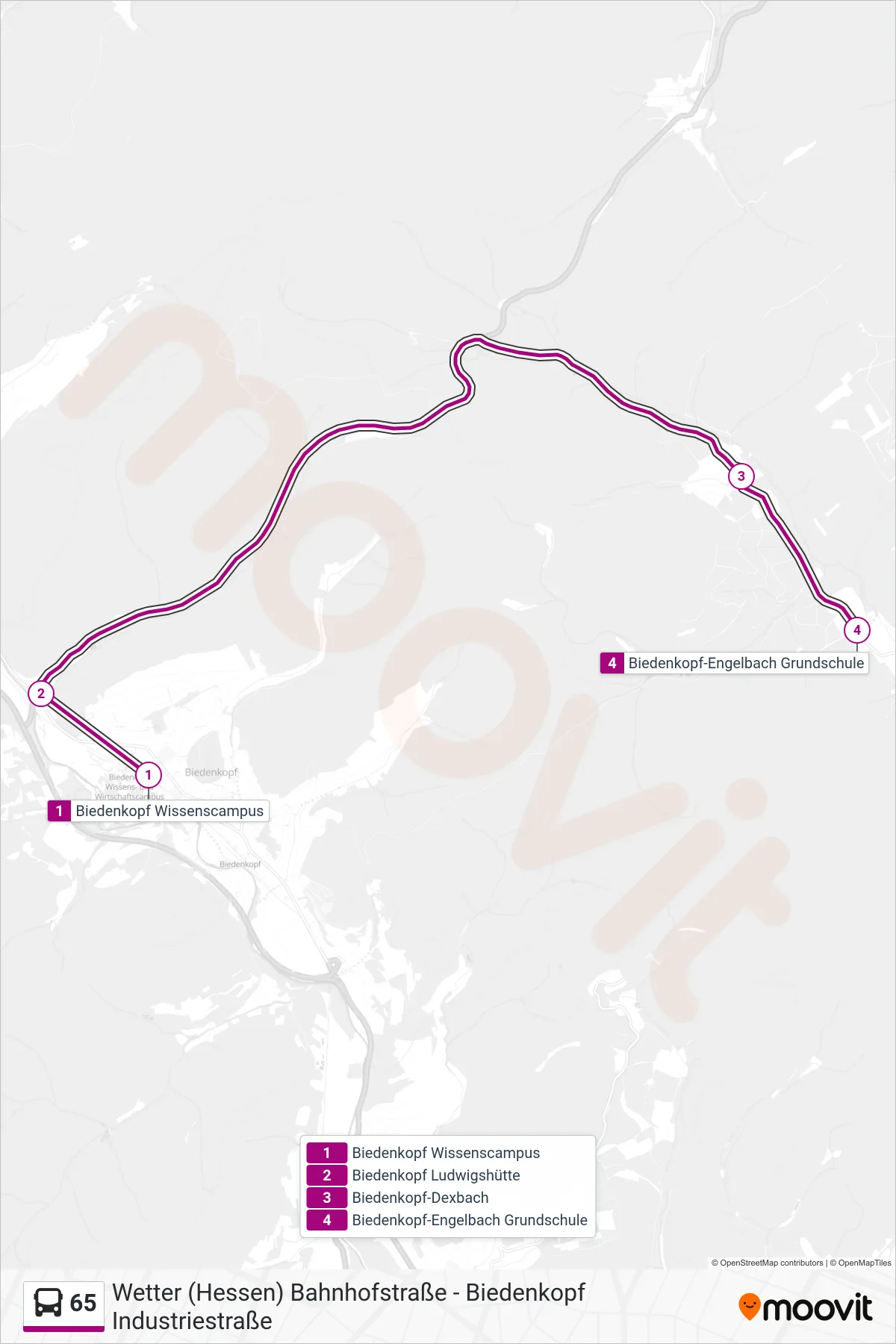 Linie 65 (Bus) Richtung Biedenkopf-Engelbach Grundschule: Route und Haltestellen auf der Karte