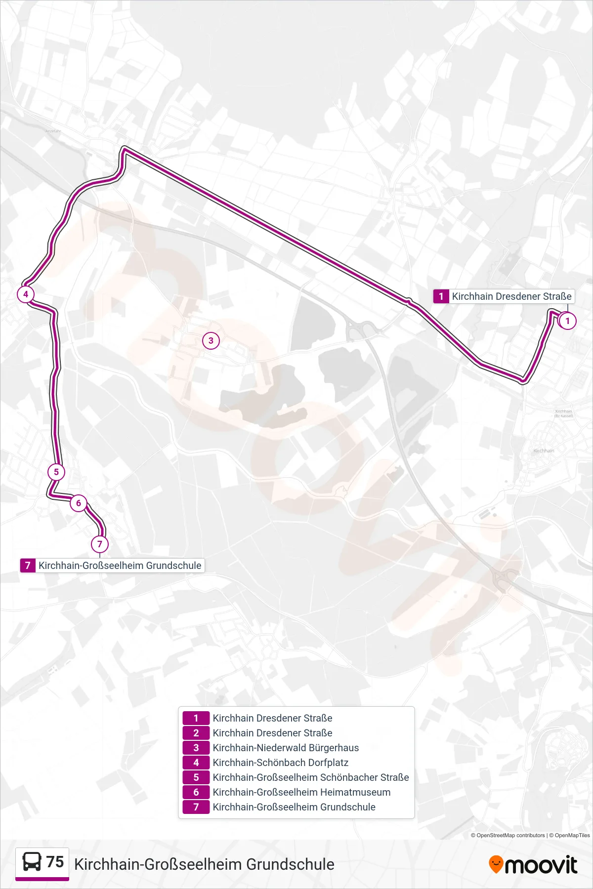 75 bus Line (Kirchhain-Großseelheim Grundschule) route and stops on a map