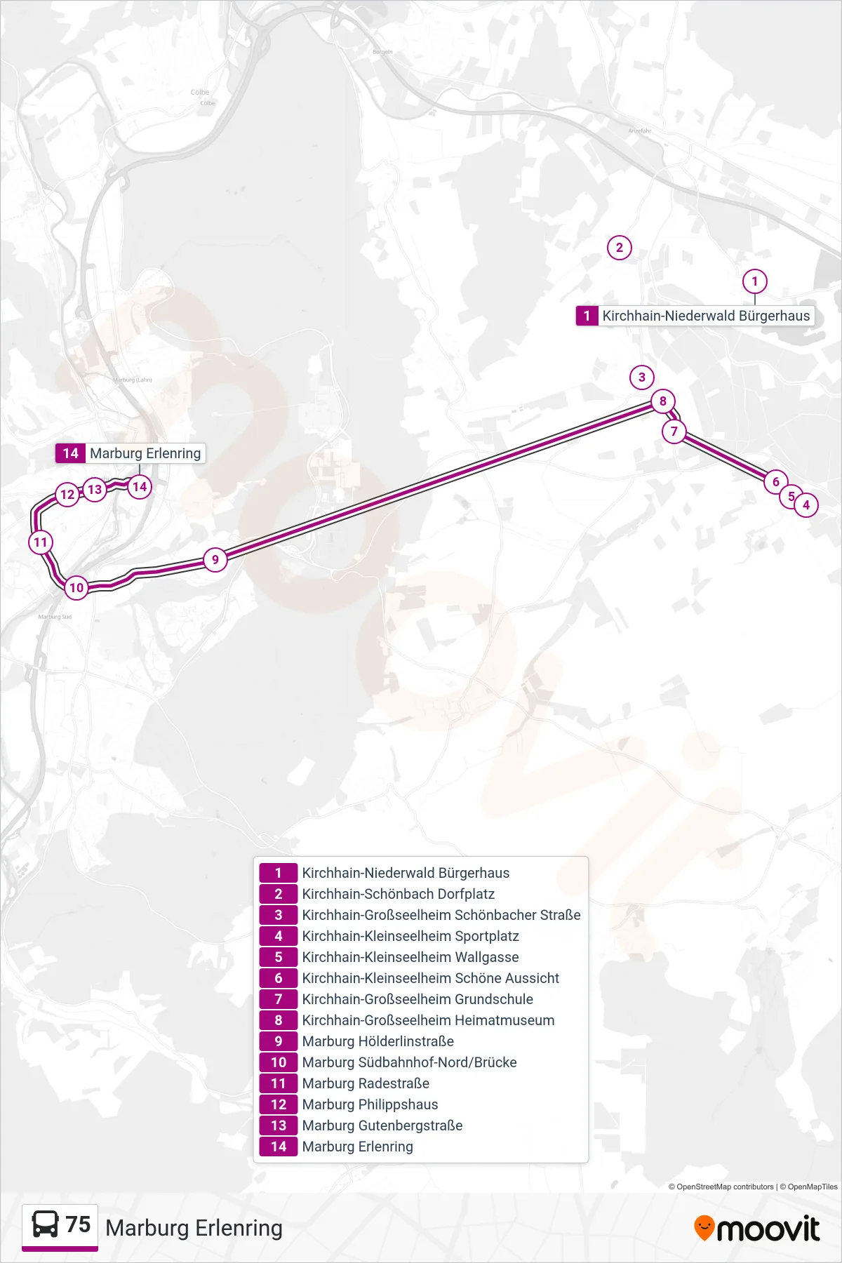 75 bus Line (Marburg Erlenring) route and stops on a map