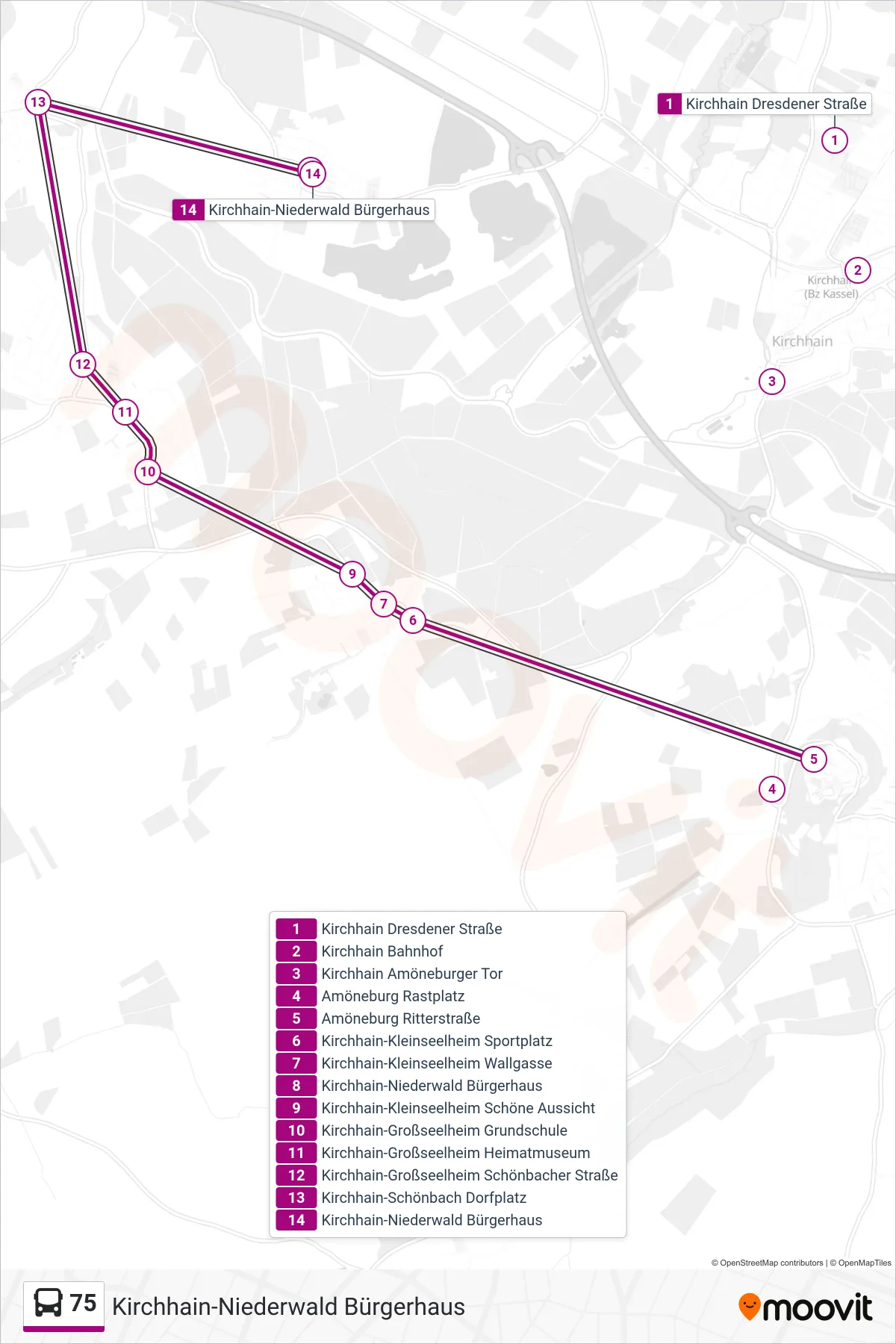 75 bus Line (Kirchhain-Niederwald Bürgerhaus) route and stops on a map