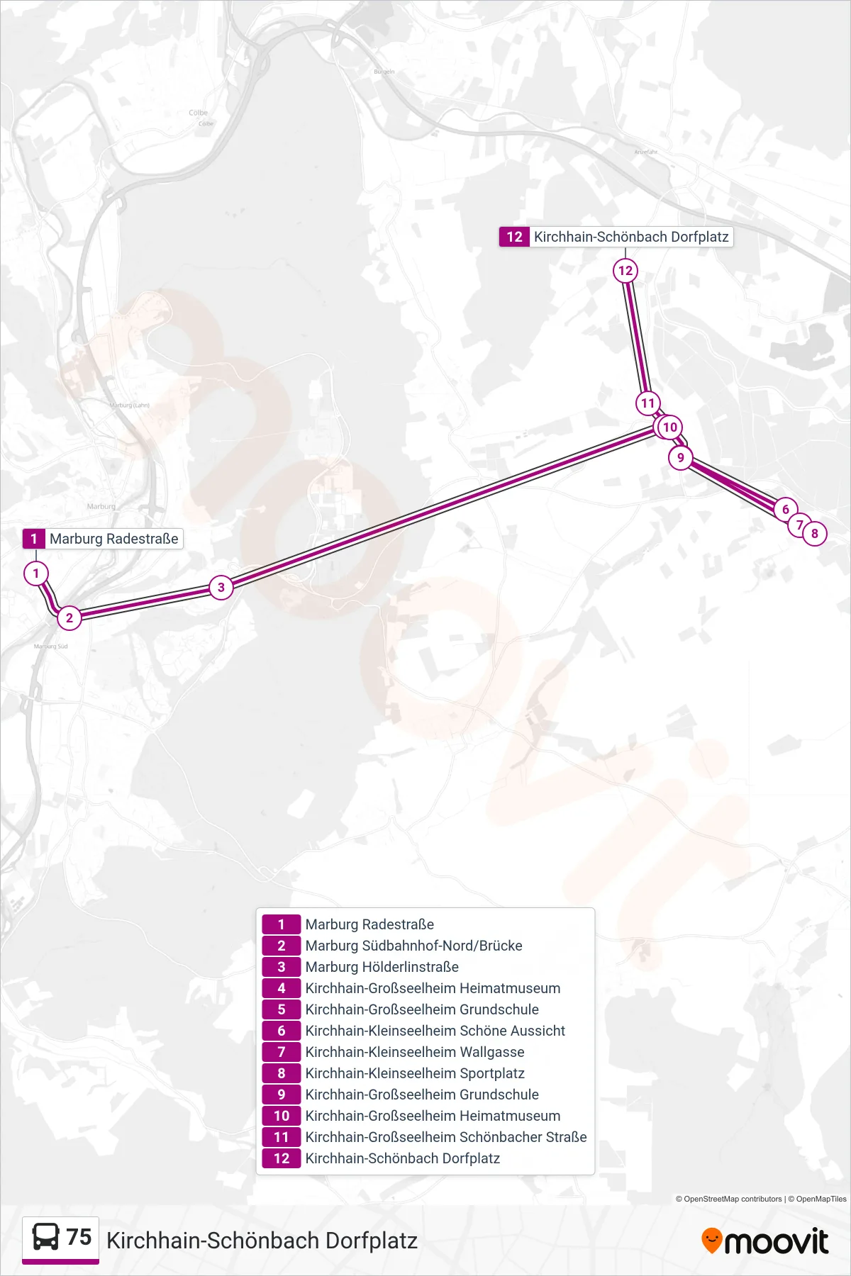 75 bus Line (Kirchhain-Schönbach Dorfplatz) route and stops on a map