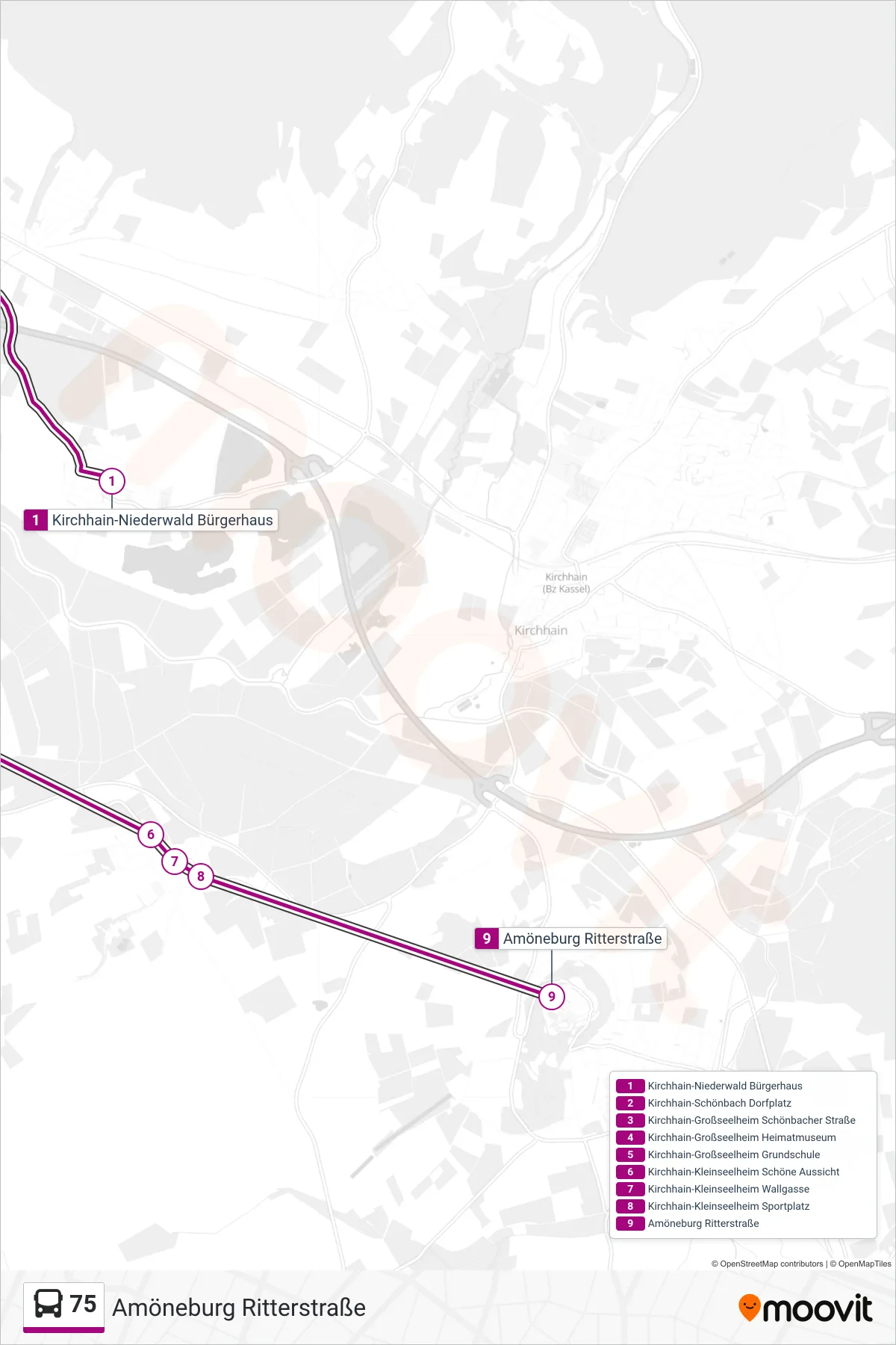 75 bus Line (Amöneburg Ritterstraße) route and stops on a map