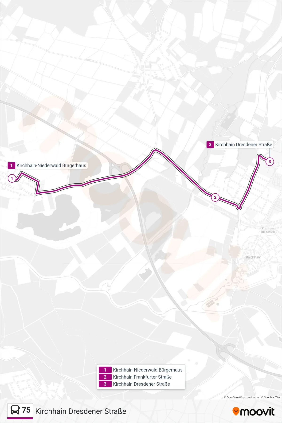Linie 75 (Bus) Richtung Kirchhain Dresdener Straße: Route und Haltestellen auf der Karte