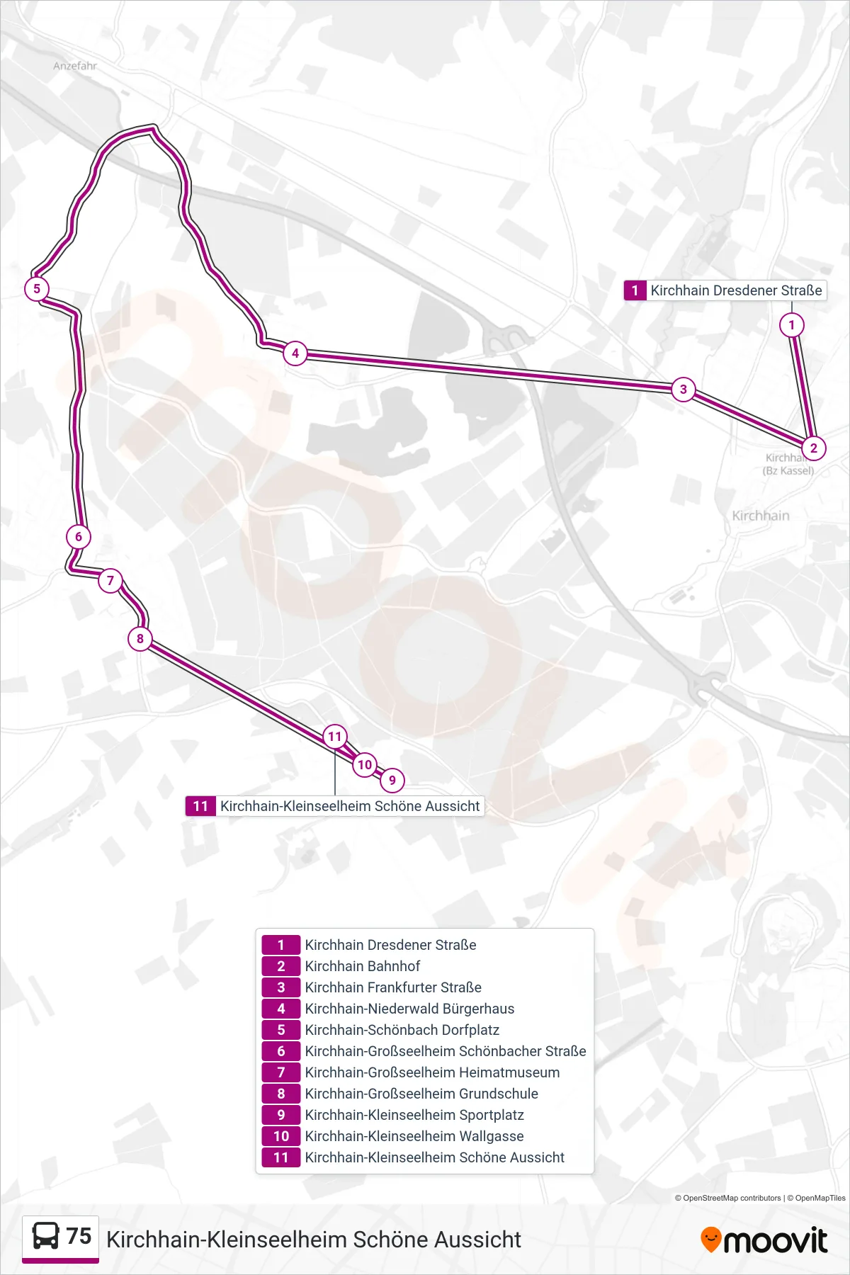 75 bus Line (Kirchhain-Kleinseelheim Schöne Aussicht) route and stops on a map