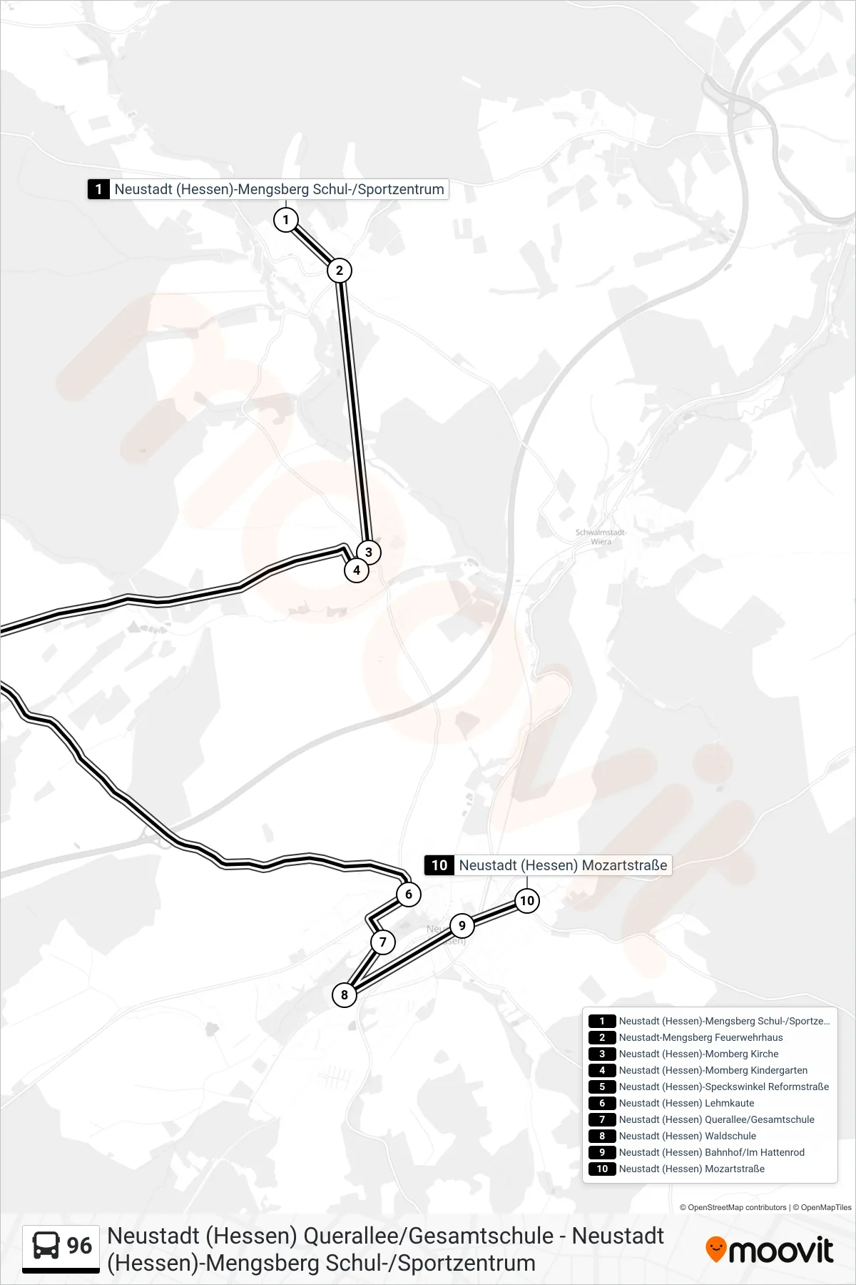 96 bus Line (Neustadt (Hessen) Mozartstraße) route and stops on a map