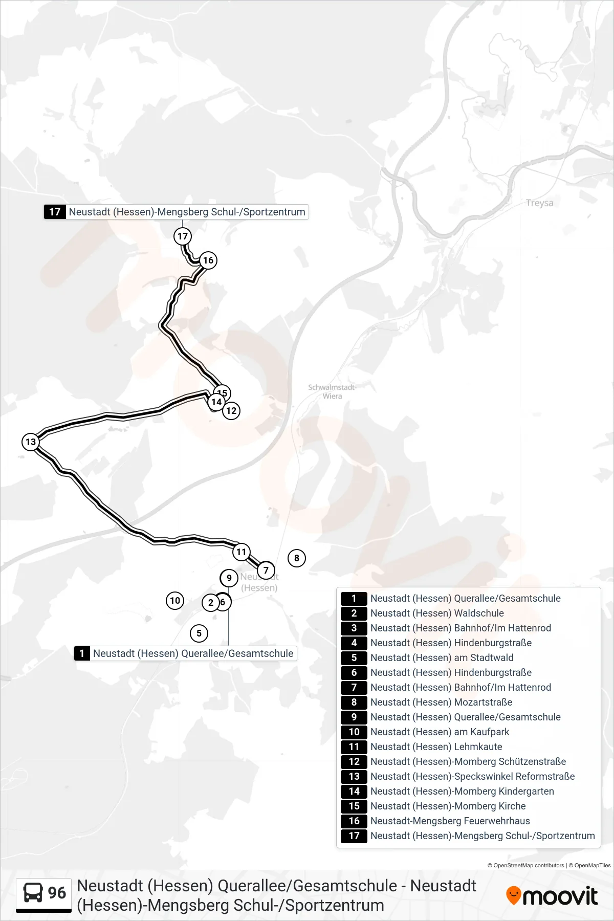96 bus Line (Neustadt (Hessen)-Mengsberg Schul-/Sportzentrum) route and stops on a map