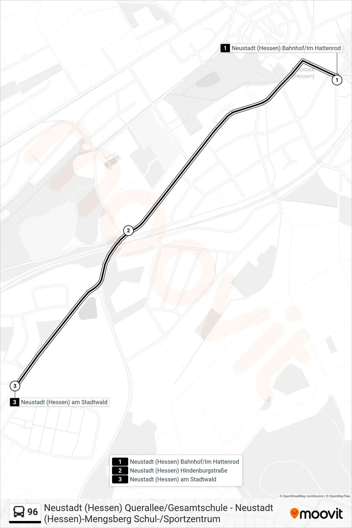 96 bus Line (Neustadt (Hessen) am Stadtwald) route and stops on a map