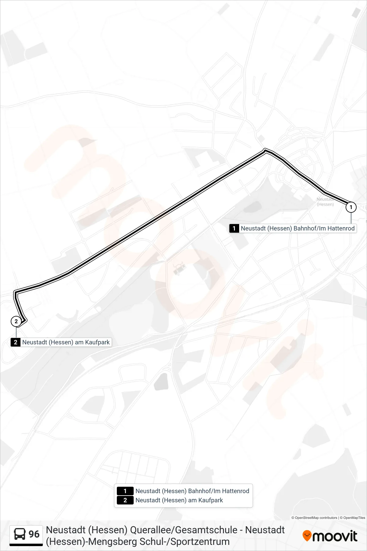 96 bus Line (Neustadt (Hessen) am Kaufpark) route and stops on a map