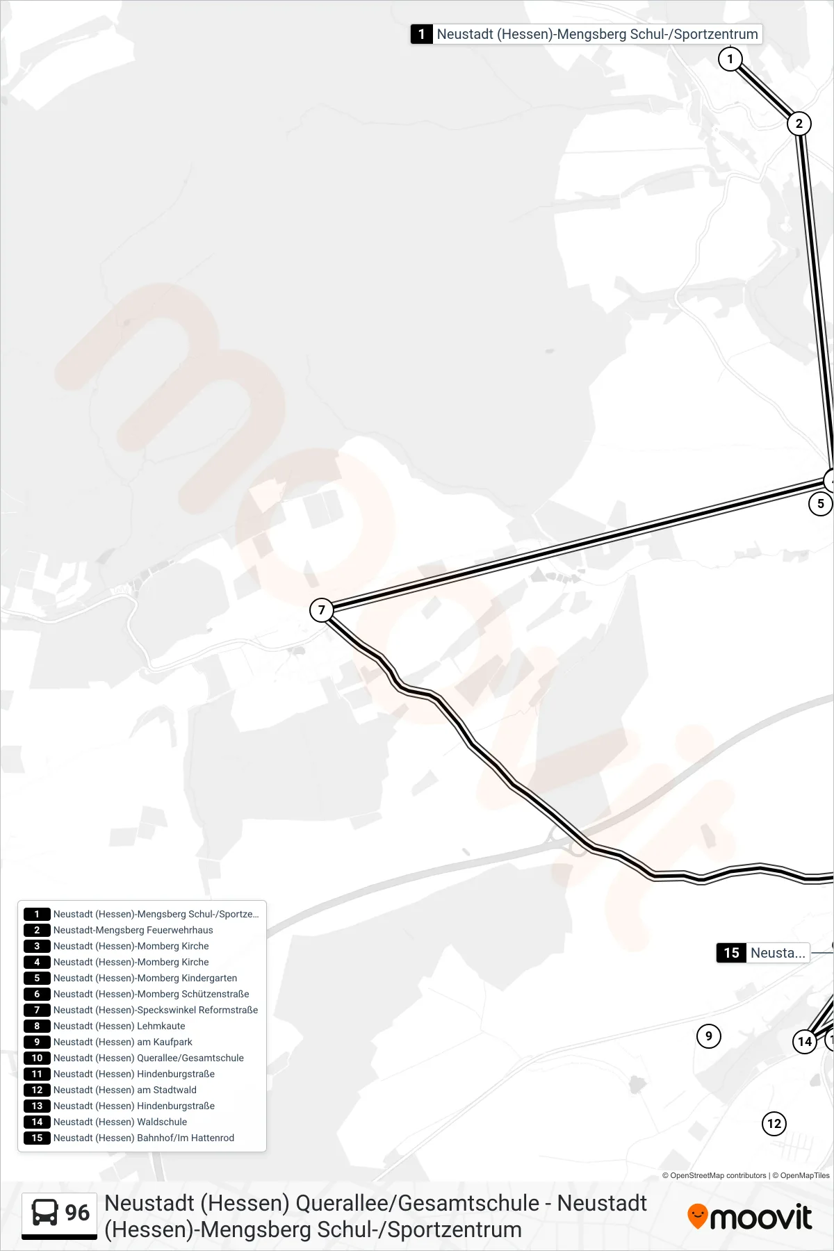 96 bus Line (Neustadt (Hessen) Bahnhof/Im Hattenrod) route and stops on a map