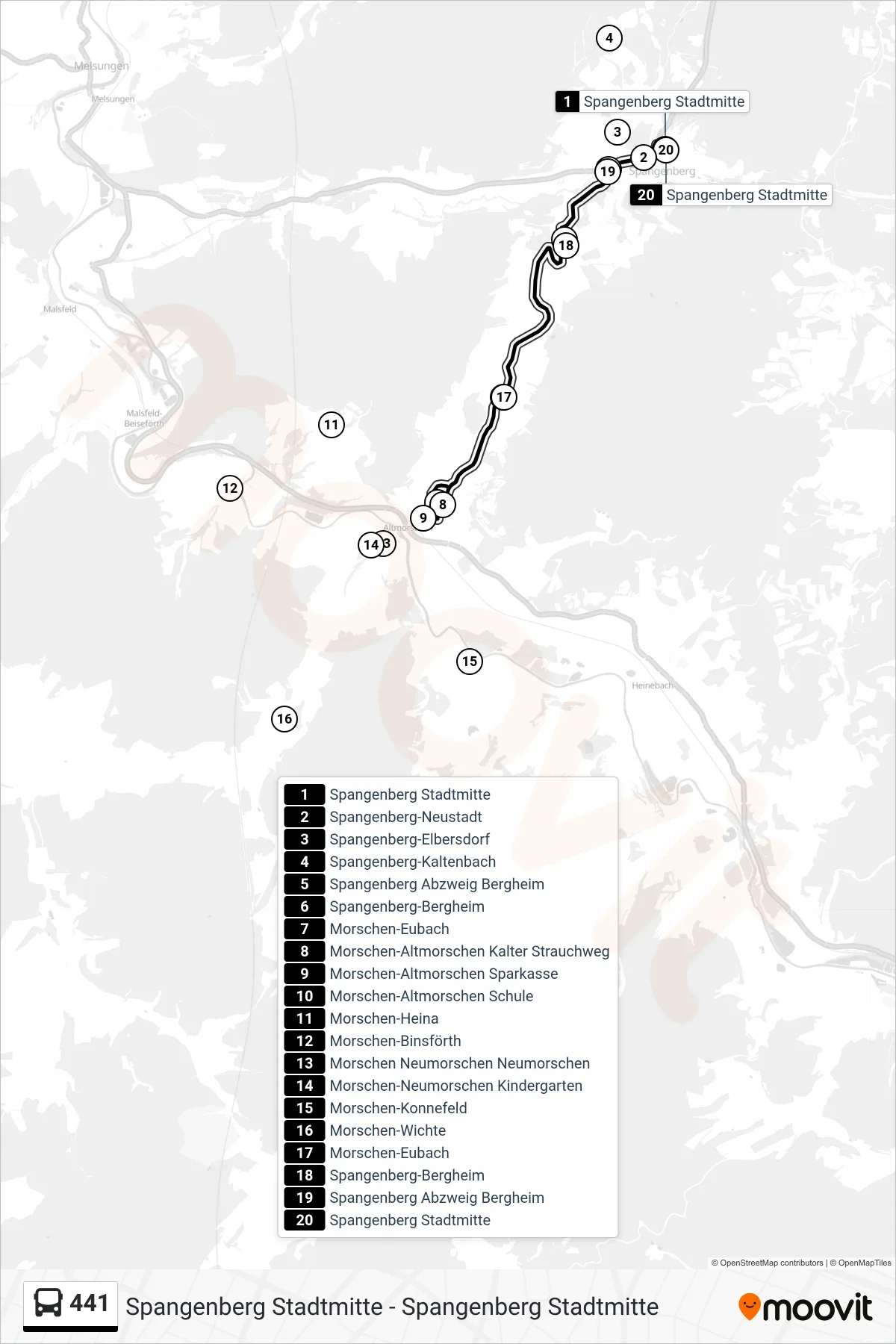 441 bus Line (Spangenberg Stadtmitte) route and stops on a map