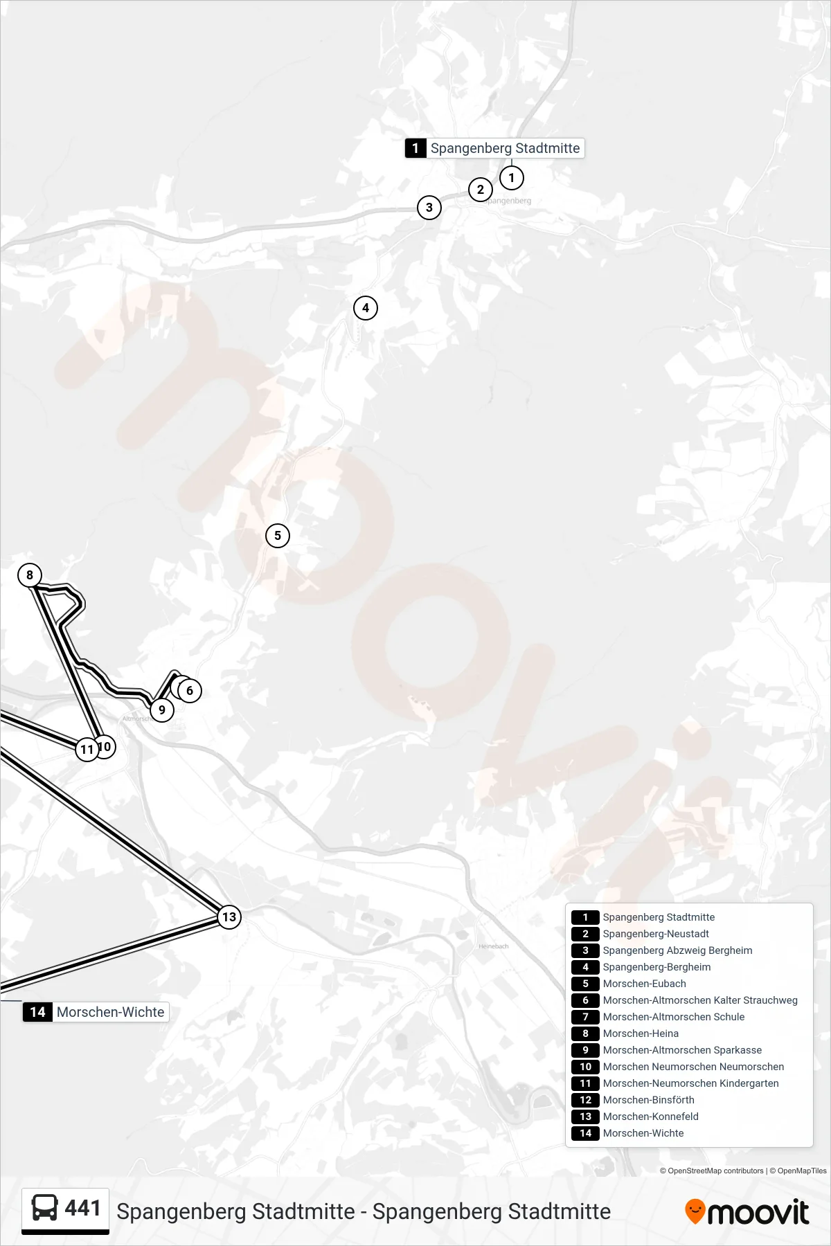 441 bus Line (Wichte Via Konnefeld) route and stops on a map