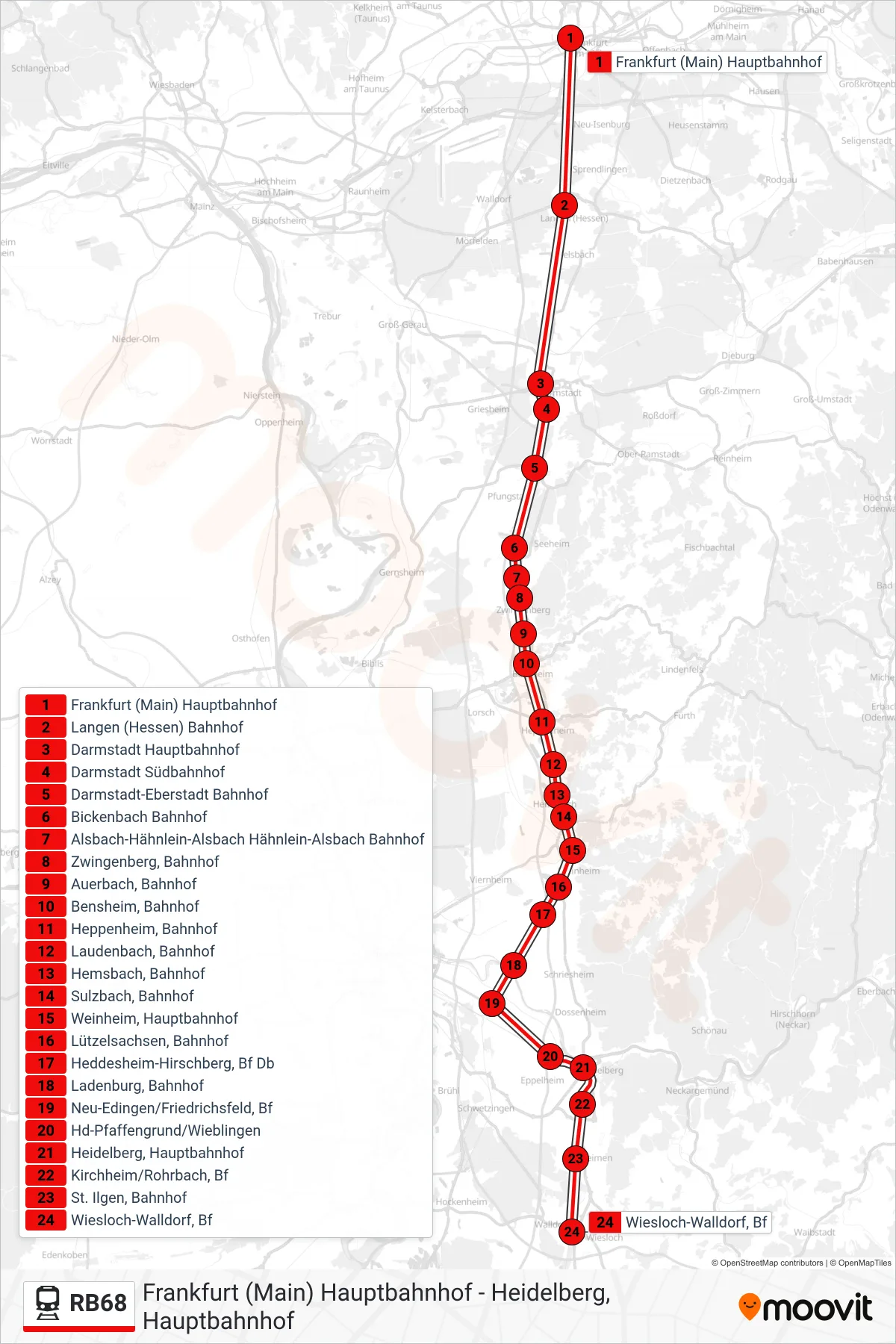 Linie RB68 (Bahn) Richtung Wiesloch-Walldorf, Bf: Route und Haltestellen auf der Karte