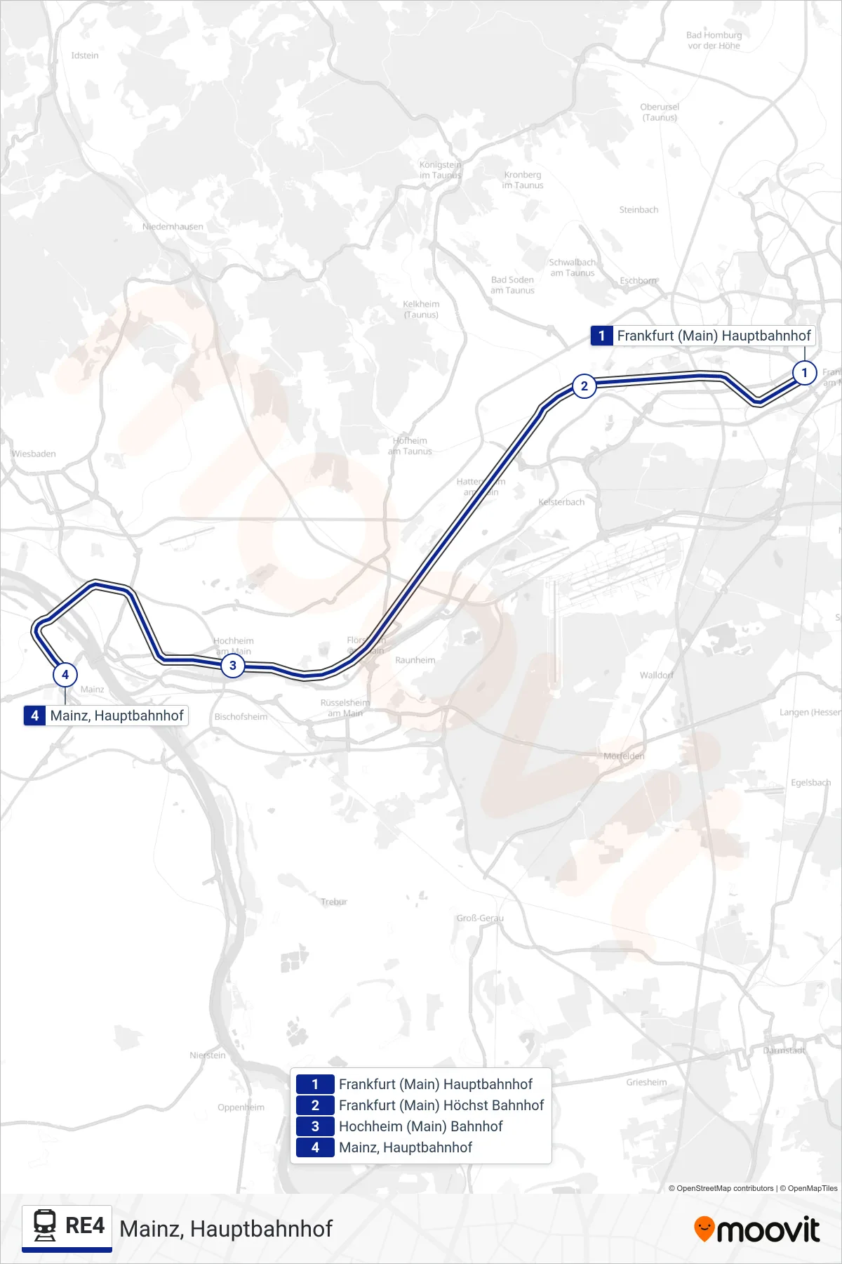 RE4 rail Line (Mainz, Hauptbahnhof) route and stops on a map