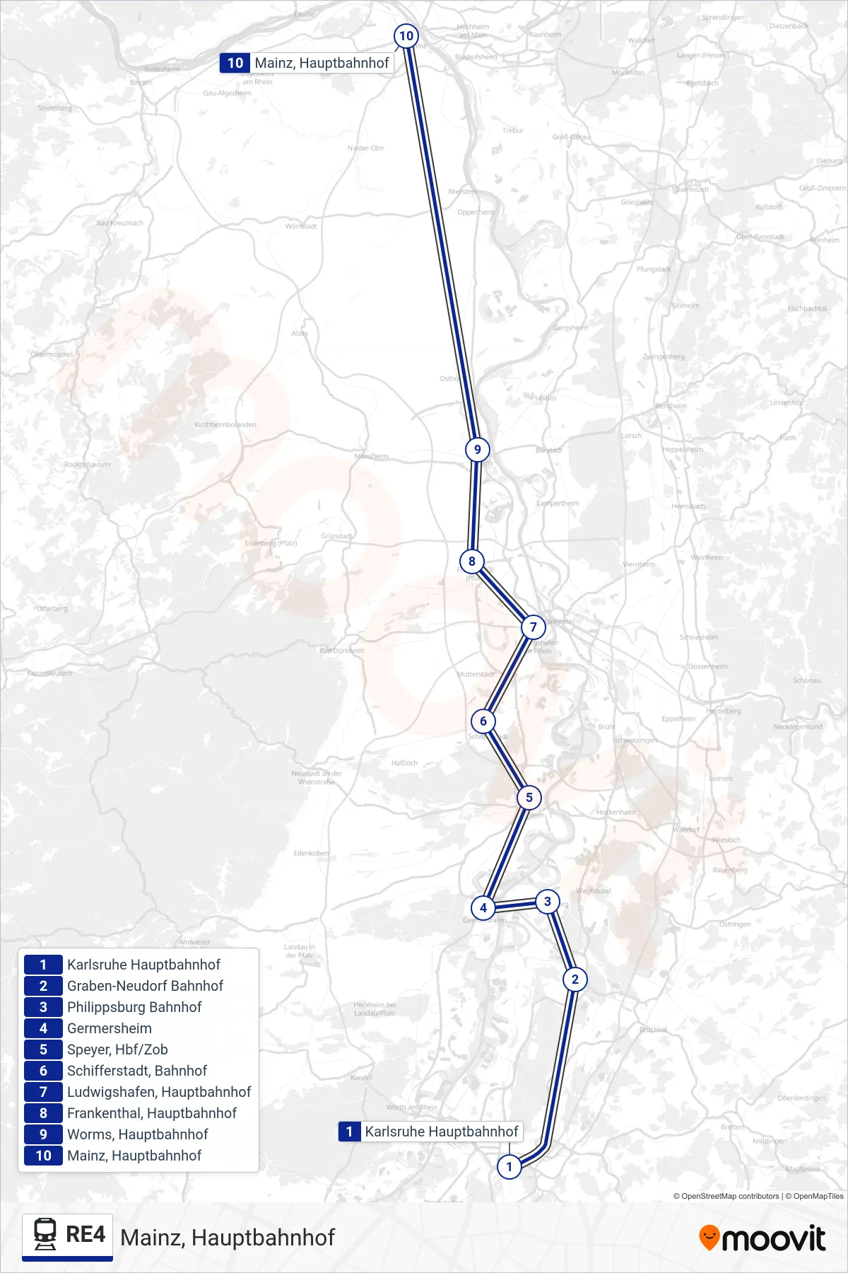 RE4 train Line (Mainz, Hauptbahnhof) route and stops on a map