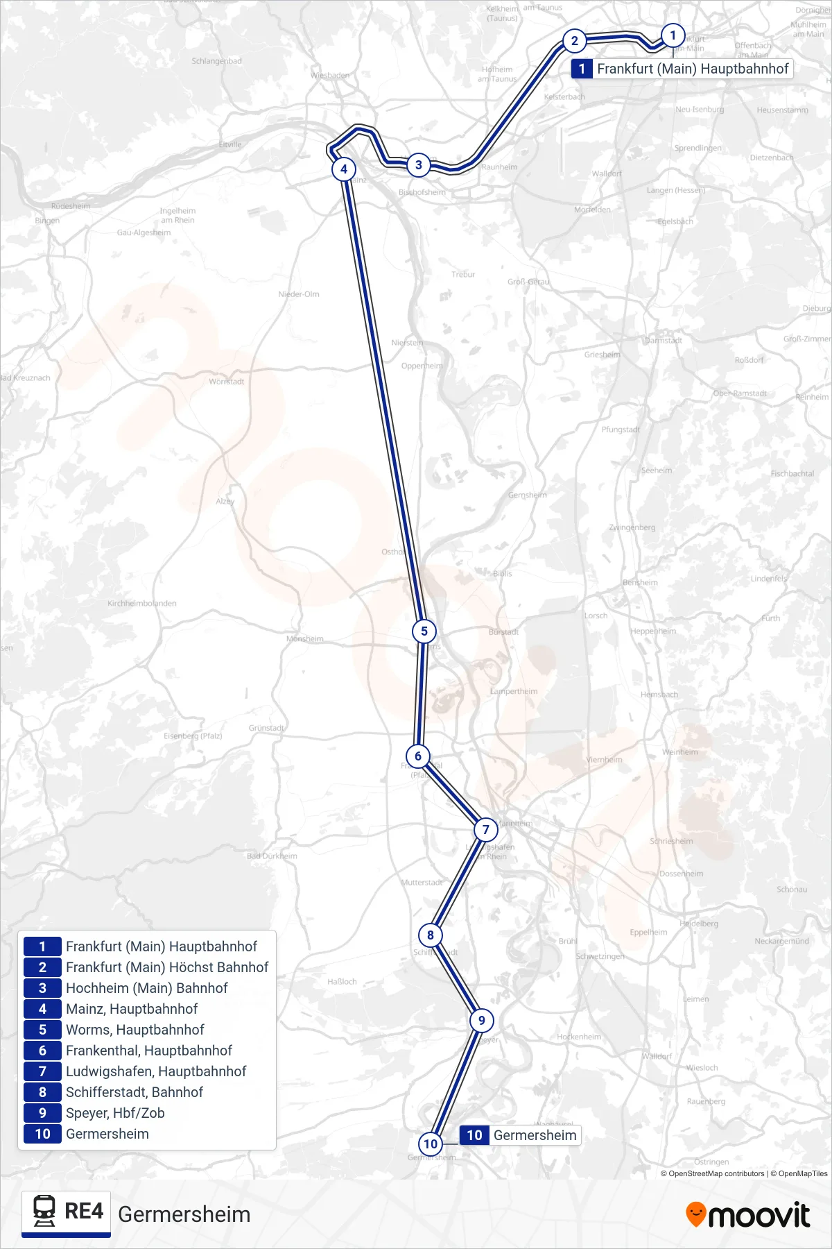 RE4 train Line (Germersheim) route and stops on a map