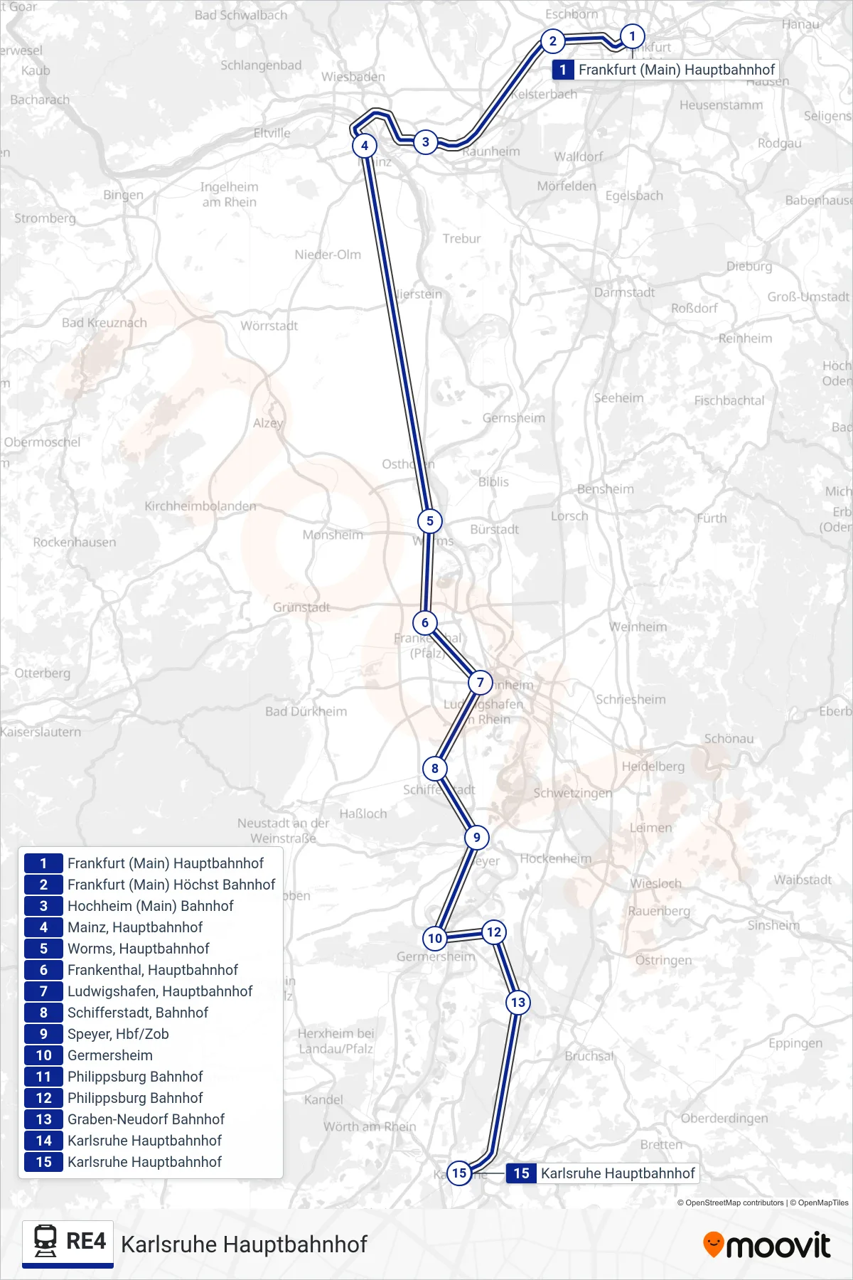 Linie RE4 (Bahn) Richtung Karlsruhe Hauptbahnhof: Route und Haltestellen auf der Karte