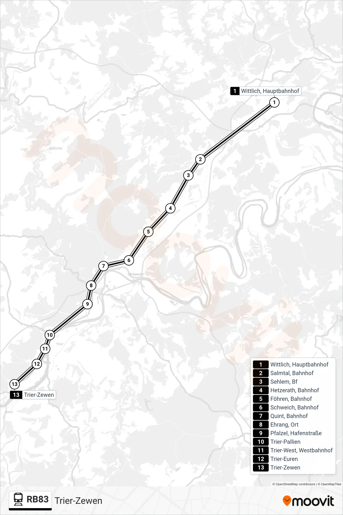Linie RB83 (Bahn) Richtung Trier-Zewen: Route und Haltestellen auf der Karte