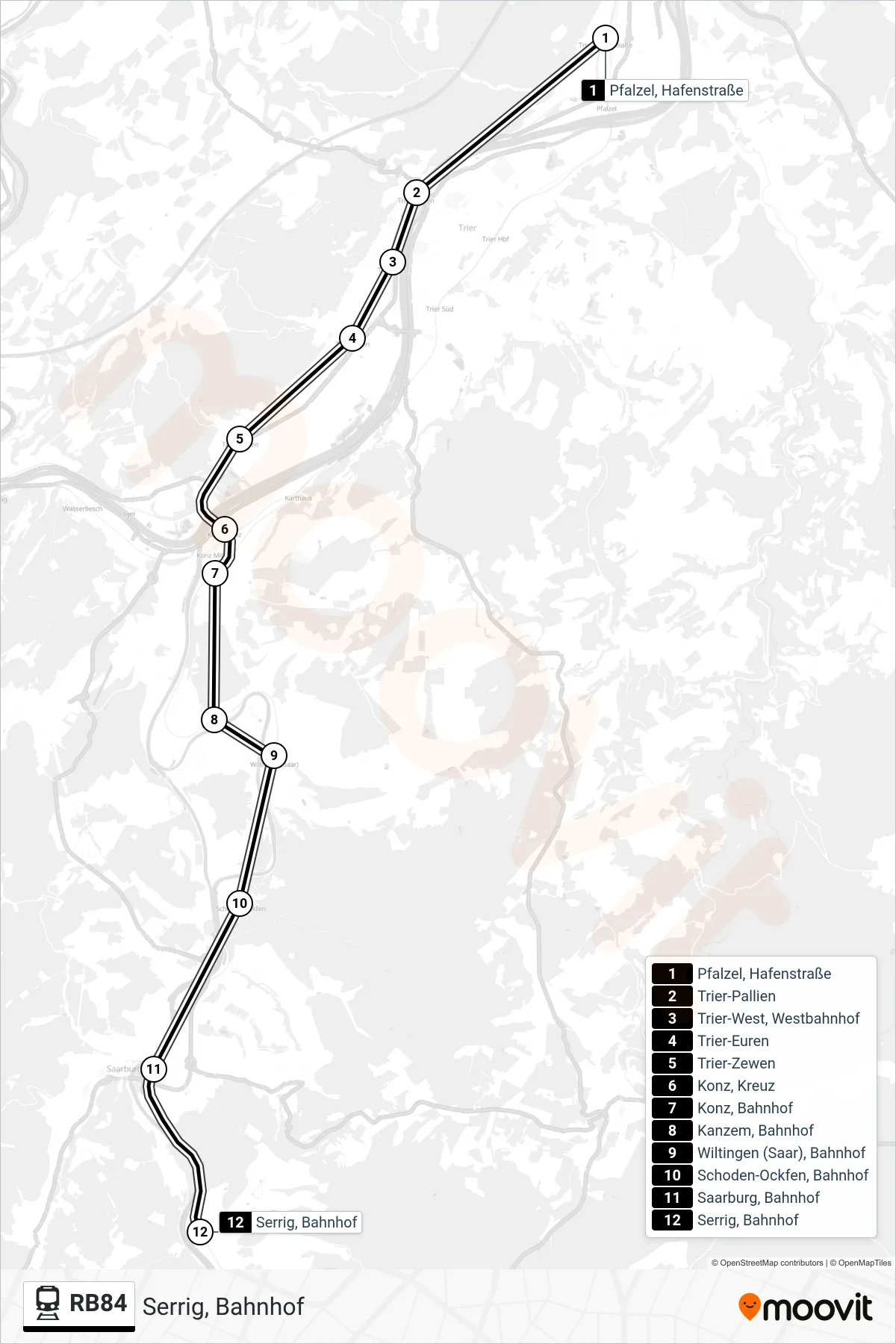 Linie RB84 (Bahn) Richtung Serrig, Bahnhof: Route und Haltestellen auf der Karte