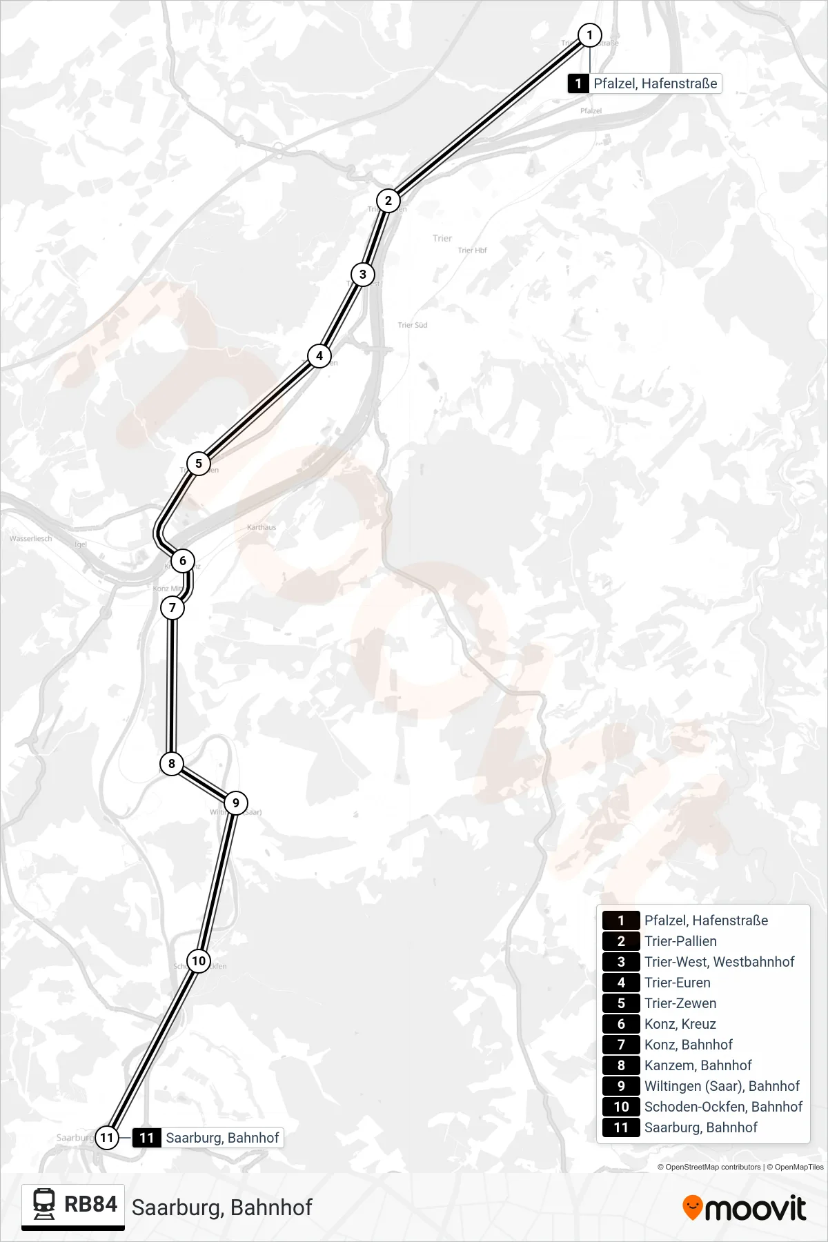 RB84 train Line (Saarburg, Bahnhof) route and stops on a map