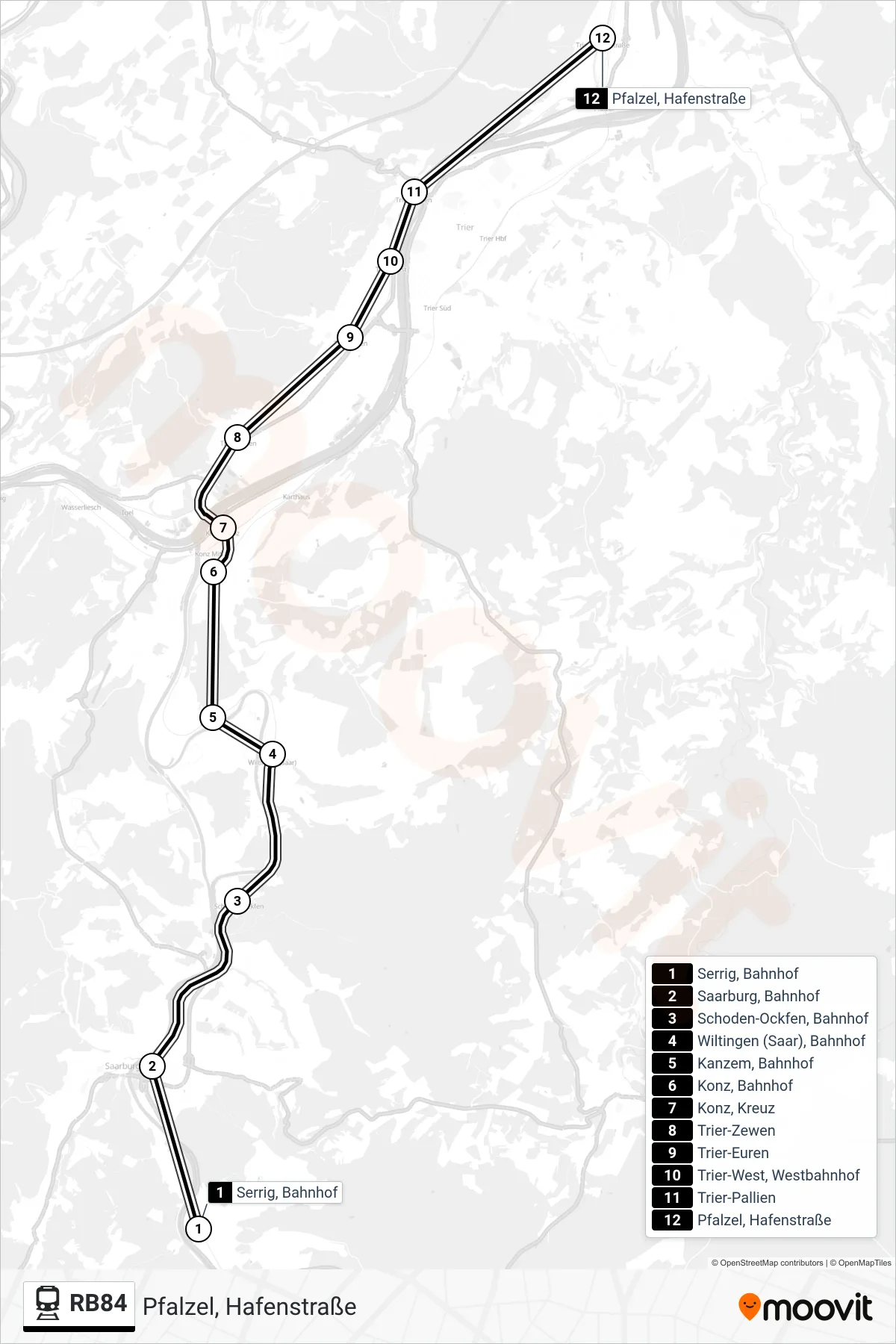 RB84 train Line (Pfalzel, Hafenstraße) route and stops on a map