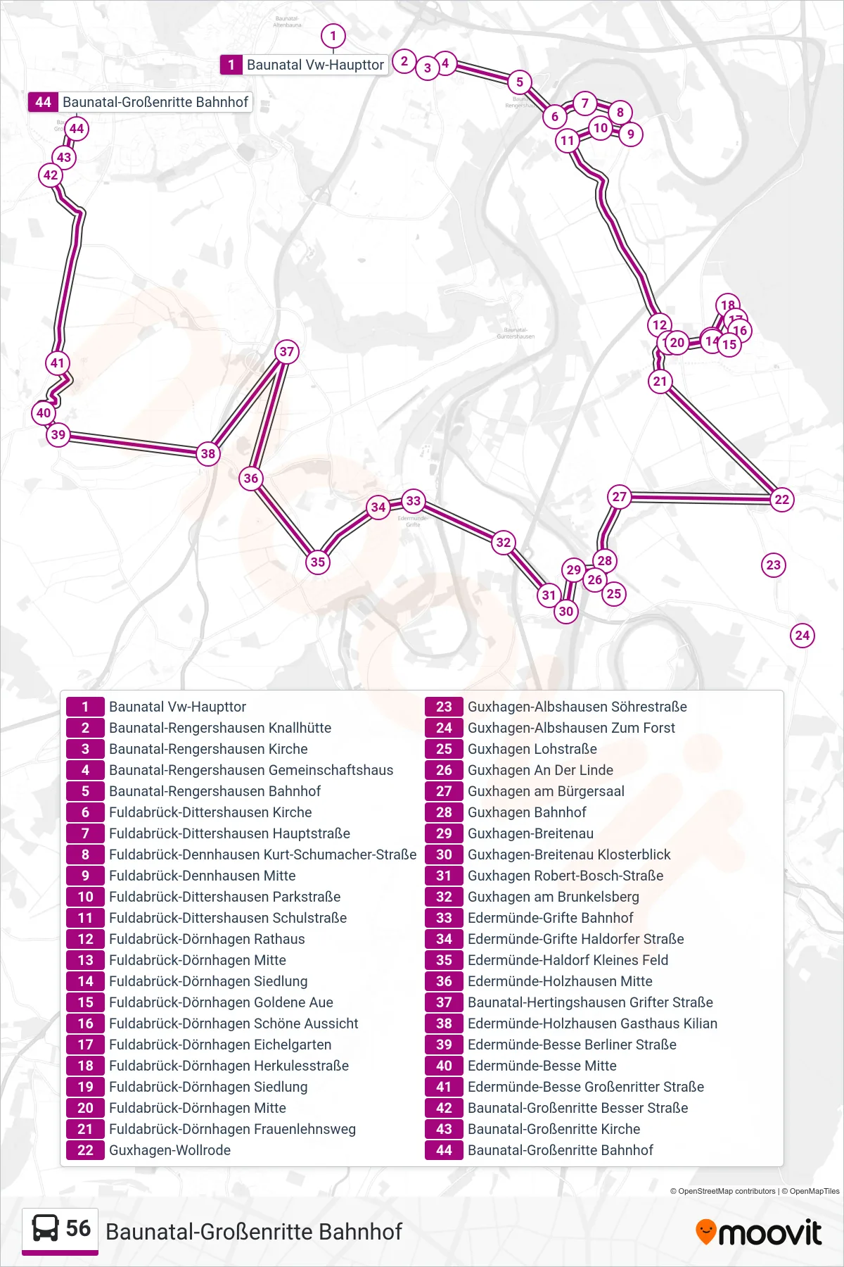 Linie 56 (Bus) Richtung Baunatal-Großenritte Bahnhof: Route und Haltestellen auf der Karte
