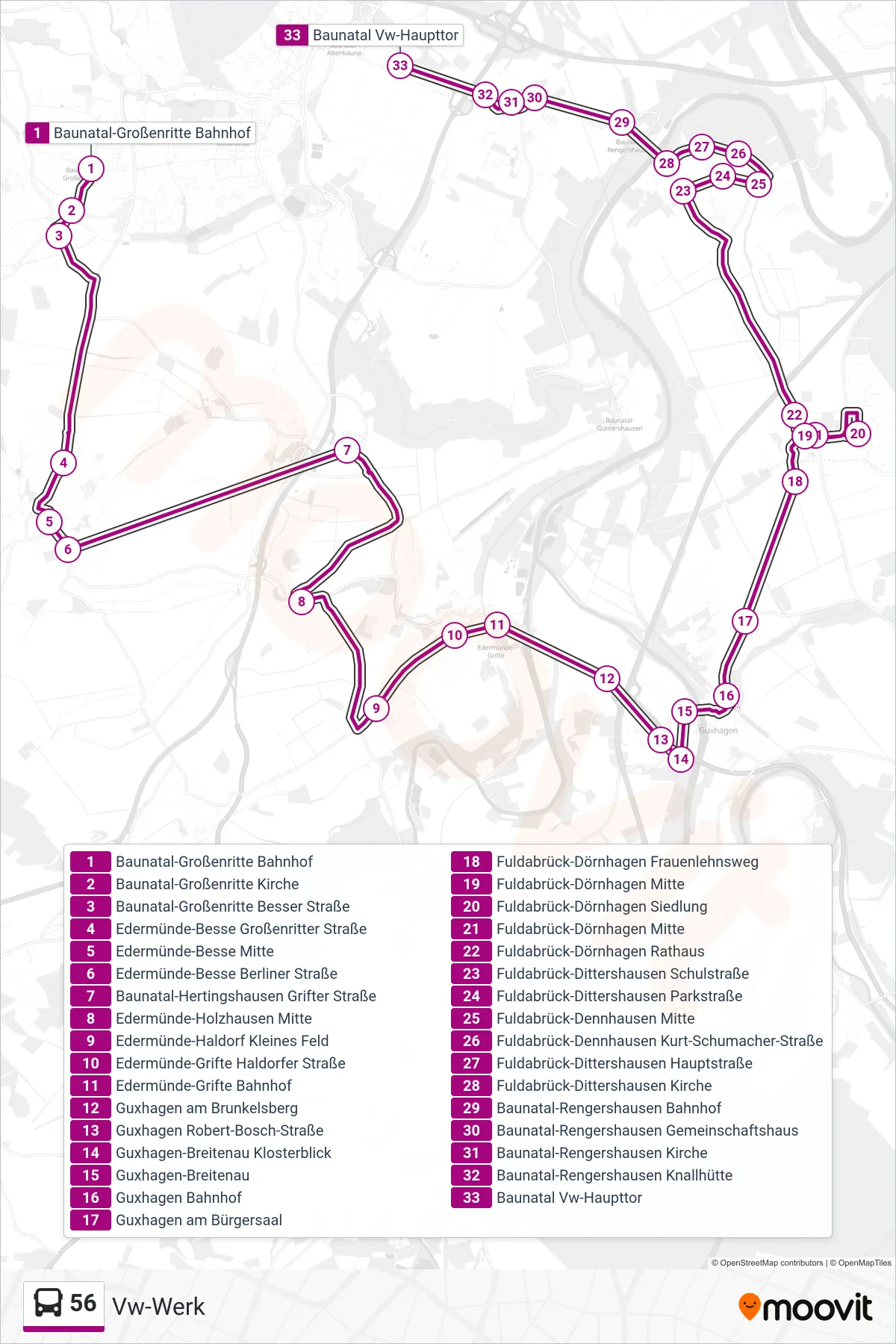 56 bus Line (Vw-Werk) route and stops on a map