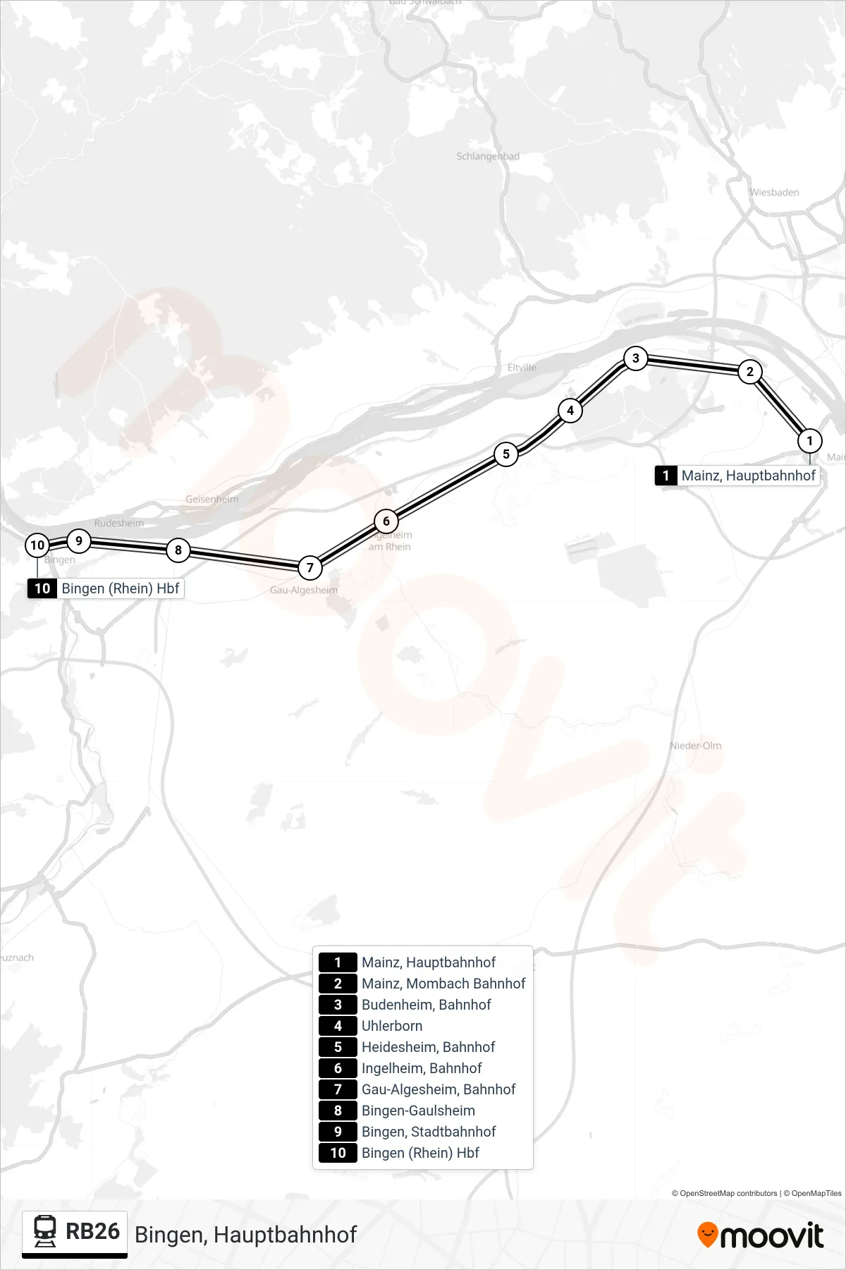 Linie RB26 (Bahn) Richtung Bingen, Hauptbahnhof: Route und Haltestellen auf der Karte